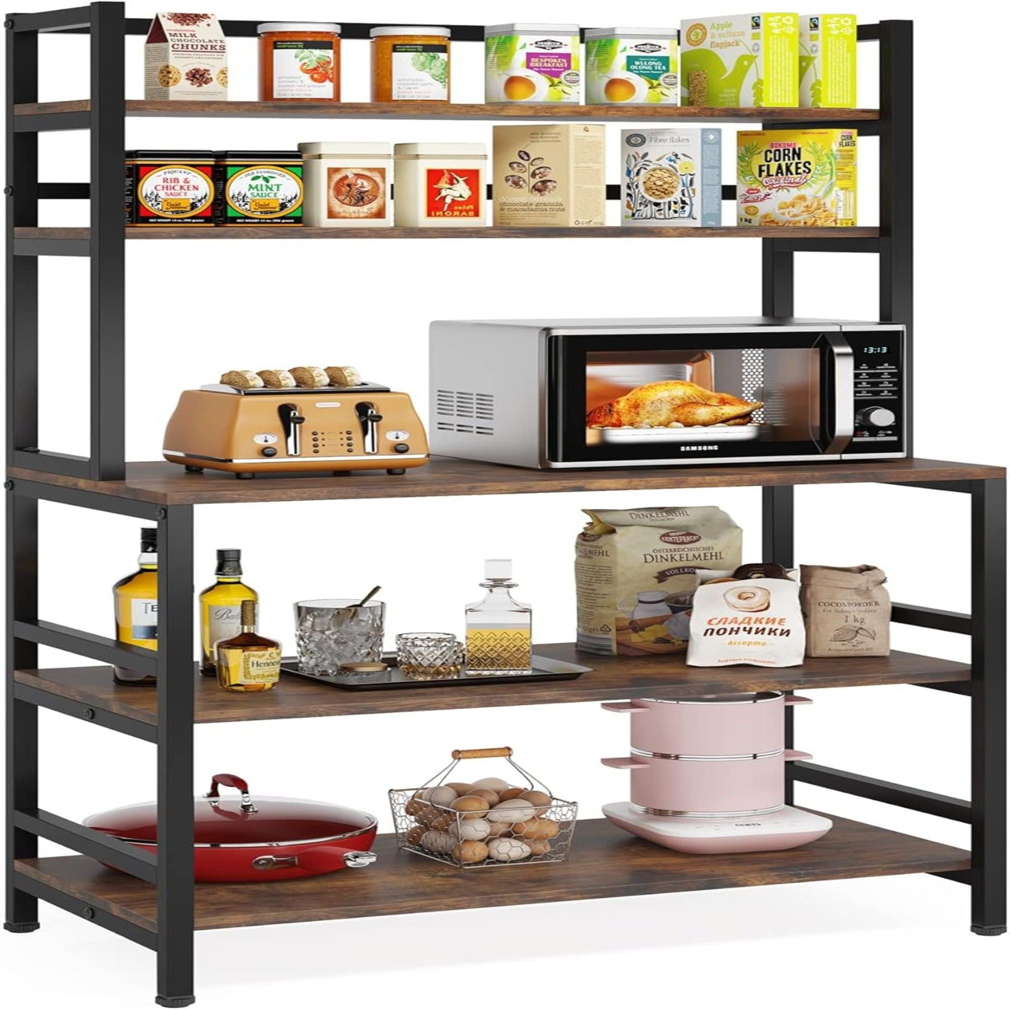 5 Tier Kitchen Bakers Rack With Hutch Microwave Stand, Freestanding Storage Organizer For Countertop - Black