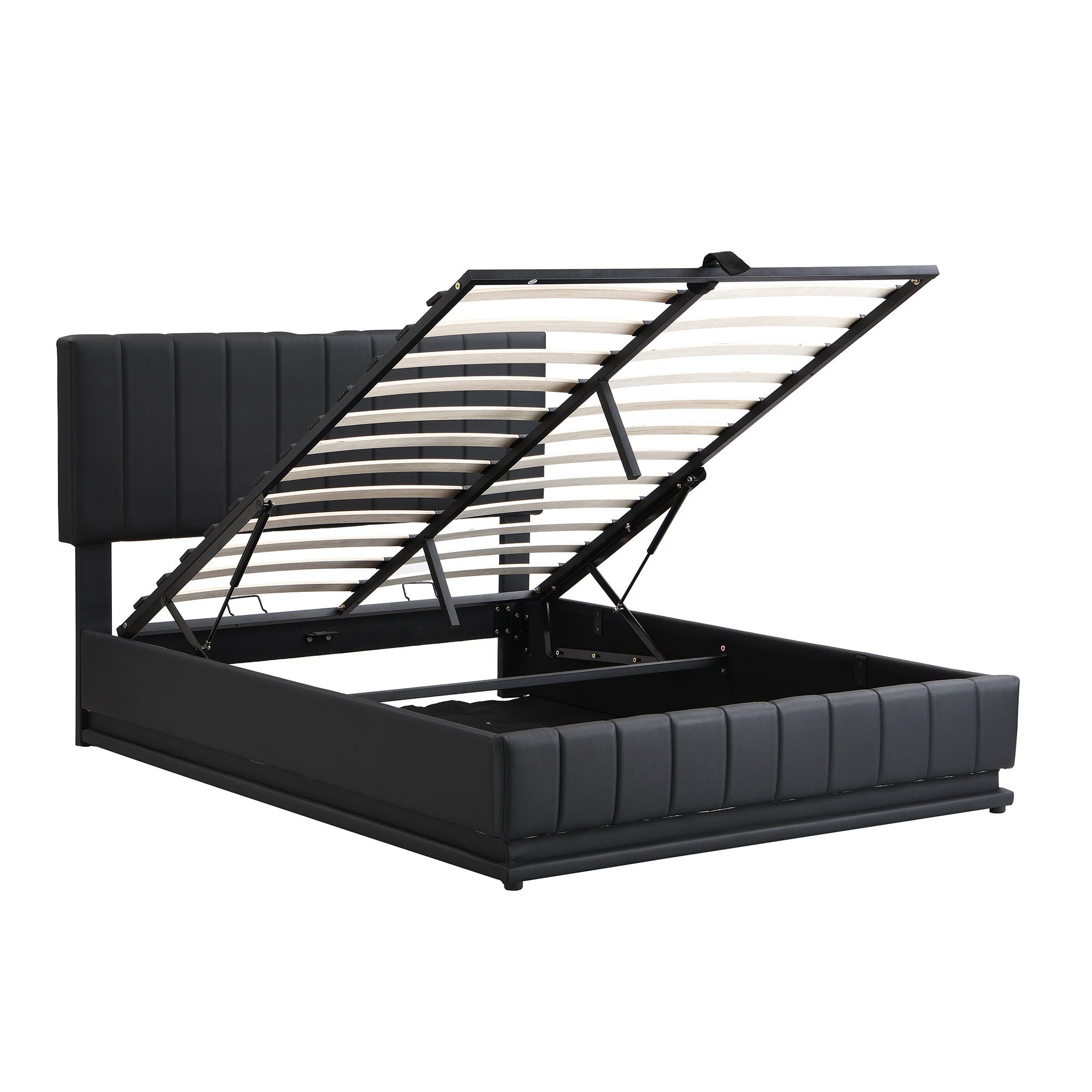 Upholstered Bed With Hydraulic Storage System And LED Light, With Sockets And USB Ports