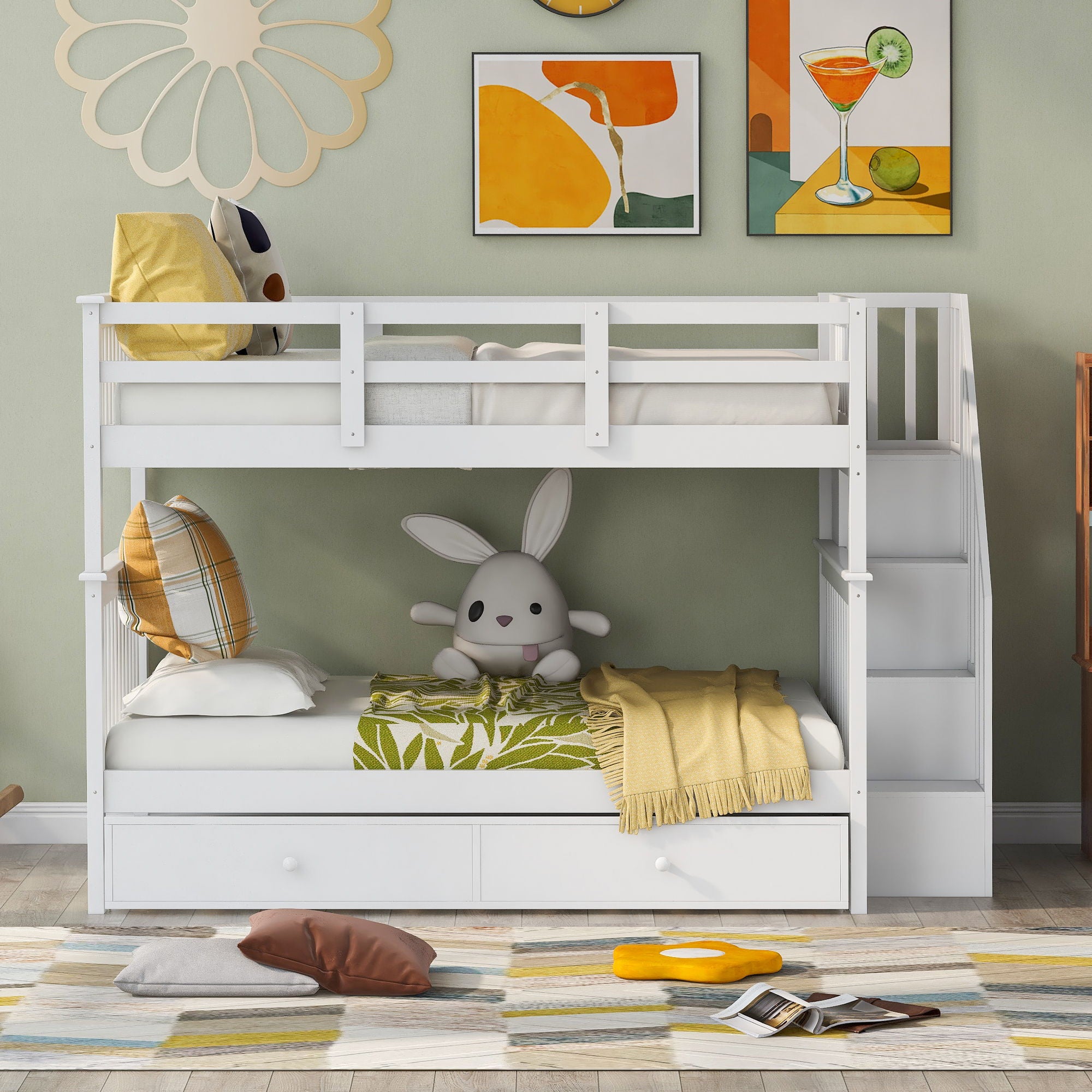 Stairway Bunk Bed With Storage And Guard Rail For Bedroom