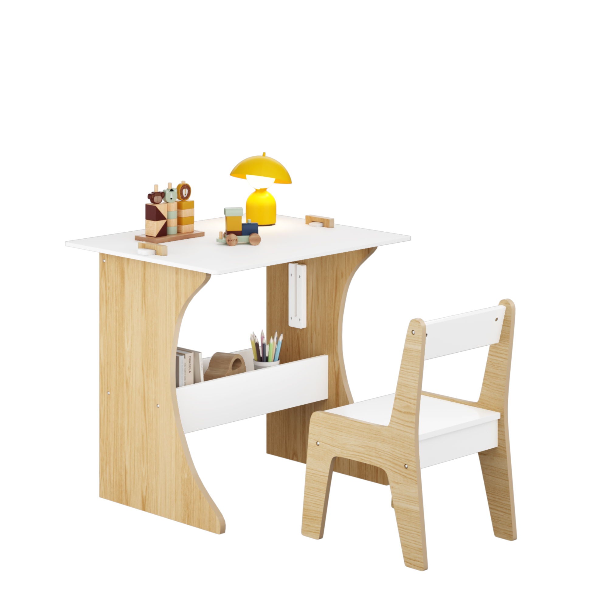 Table Set With 1 Chair, Multifunctional Study Table Convertible Top For Study Drawing & Play - White