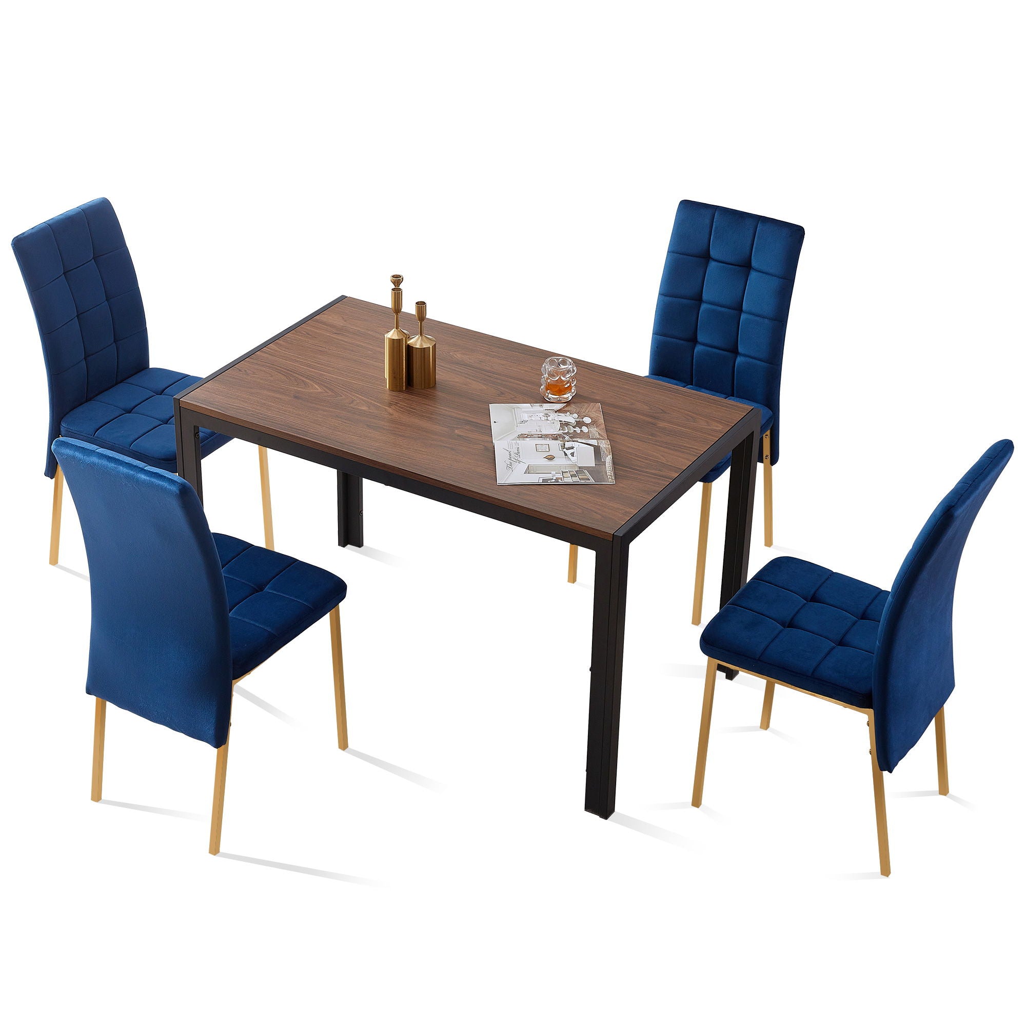 5 Pieces Dining Set Including Velvet High Back Golden Color Legs Nordic Dining Chair & Creative Design Dining Table