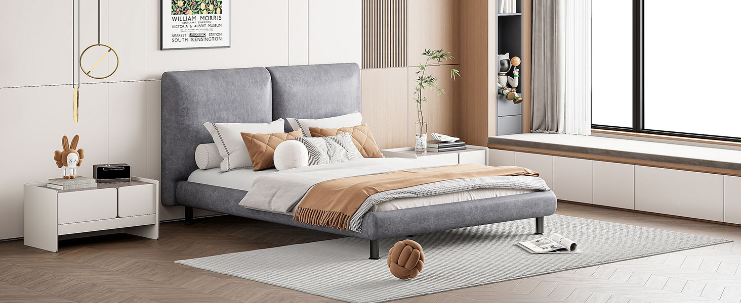 Upholstered Platform Bed With 2 Large Headrests And Thick