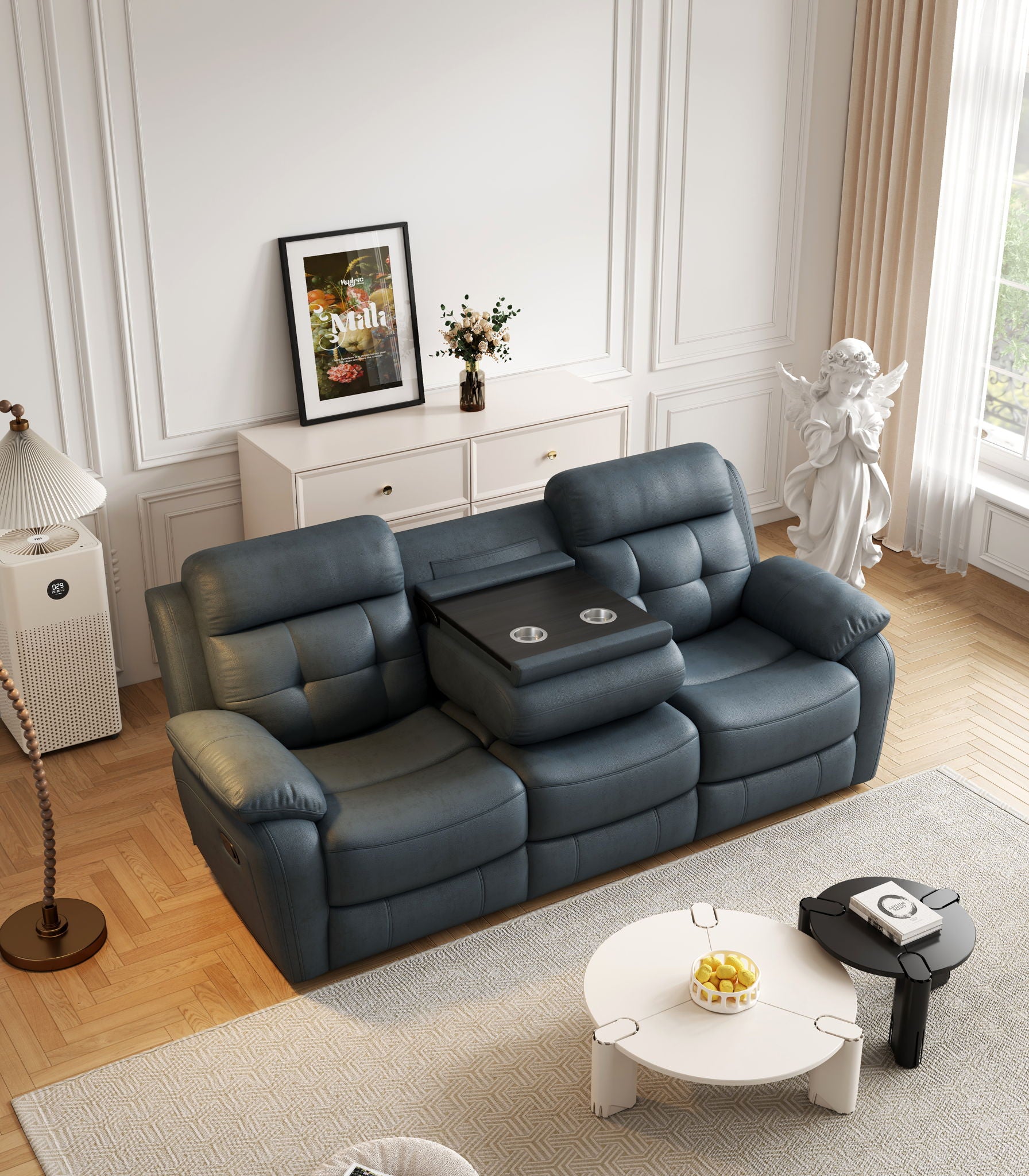 Genuine Leather Non Power Reclining Sofa With Drop Down Table, Stainless Steel Cupholders And Magazine Bag