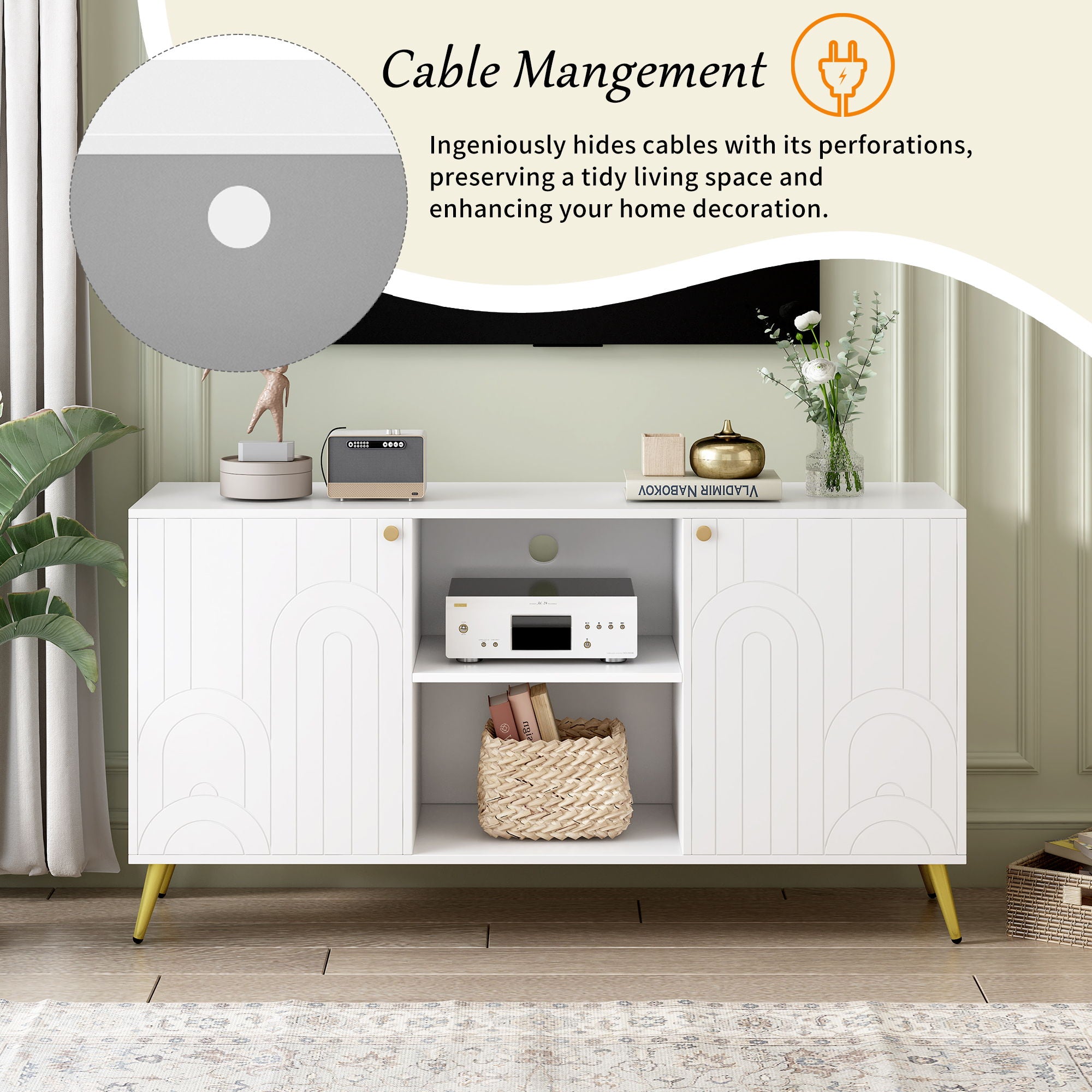 Modern TV Stand With Adjustable Shelf, Handles And Anti-Tip Device