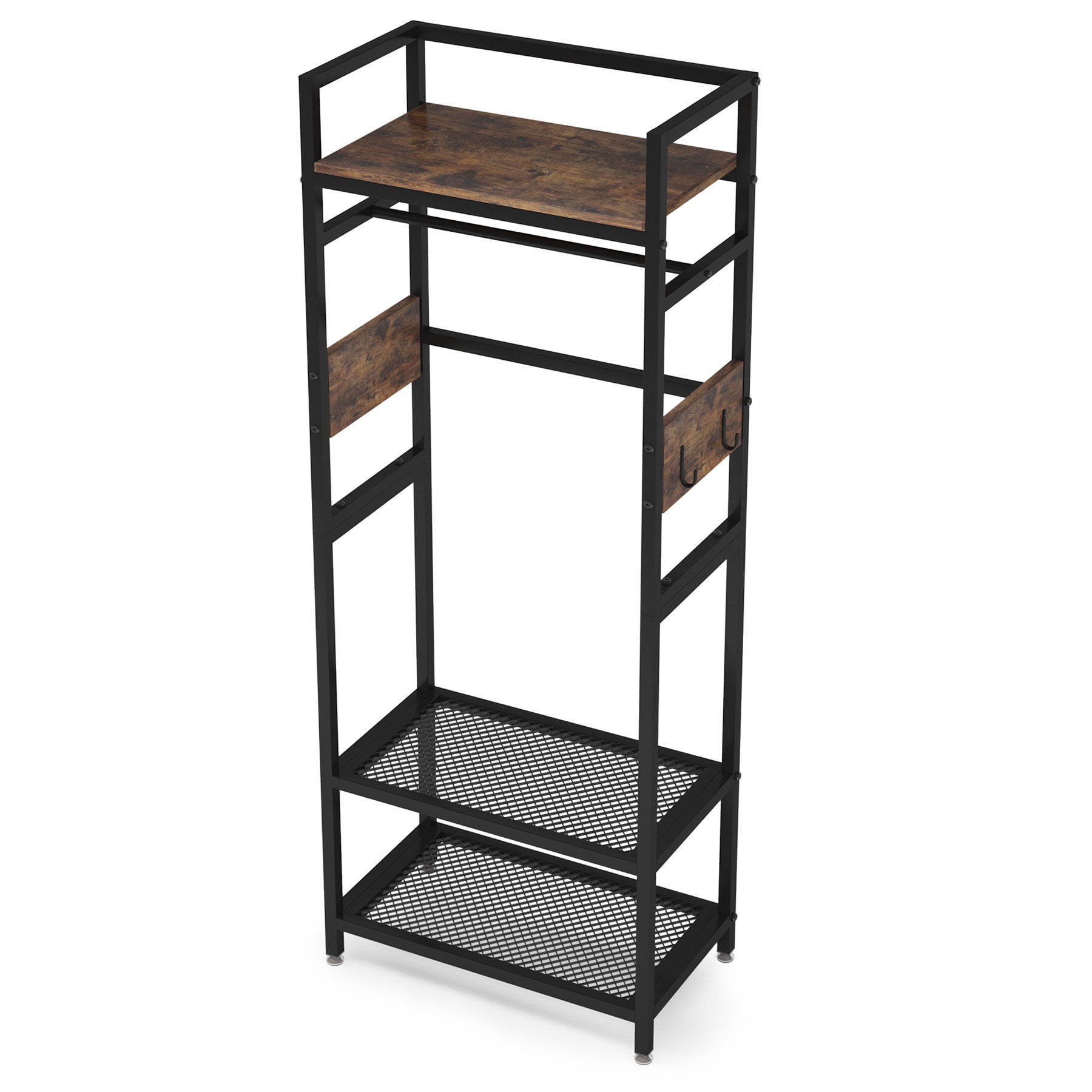 Rack With Hanging Rod, 4 Hooks, Heavy Duty Freestanding Closet Organizer - Brown / Black