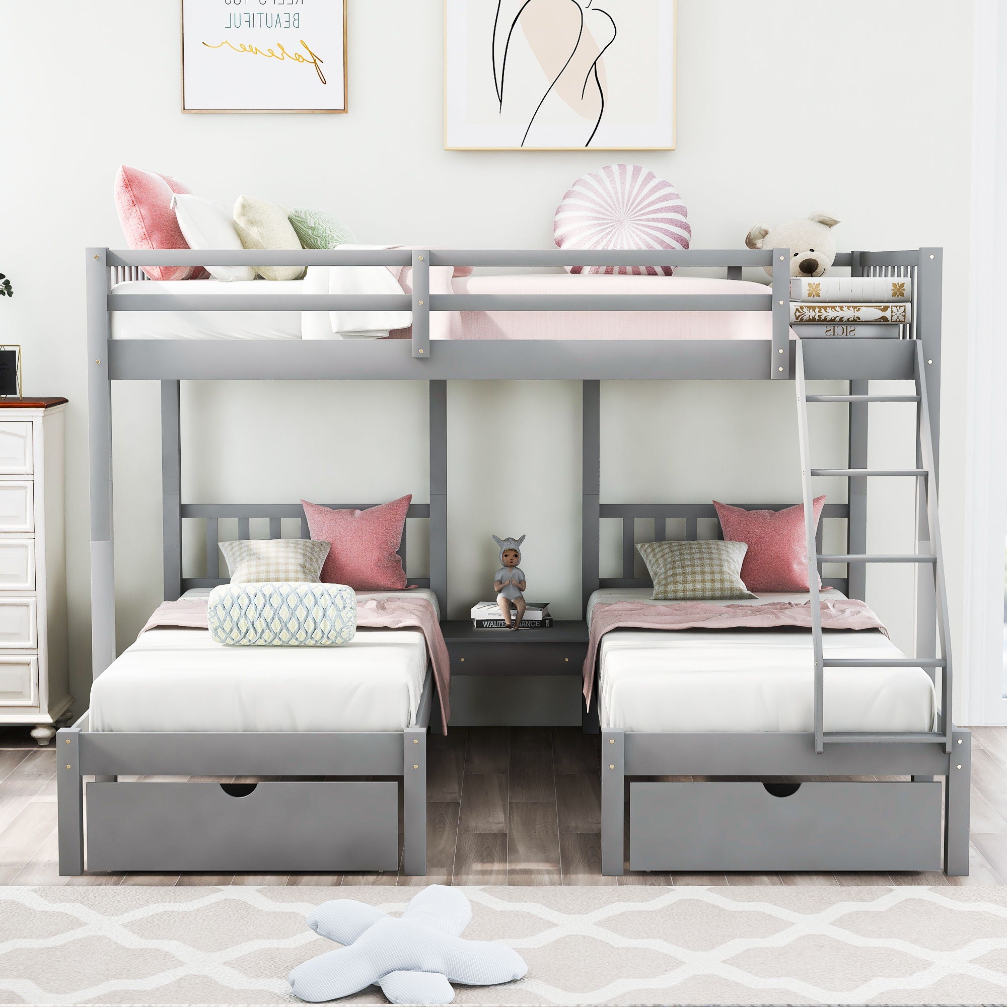 Triple Bunk Bed With Drawers And Guardrails