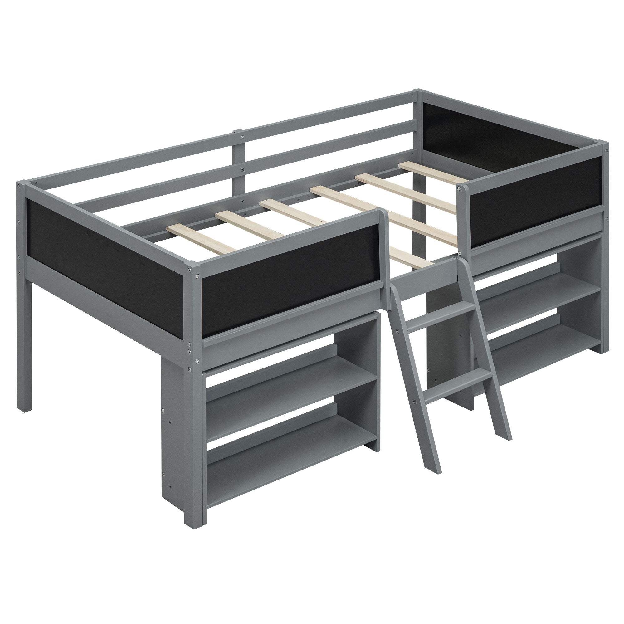 Low Loft Bed With Movable Shelves And Ladder, Decorative Chalkboard Guardrail