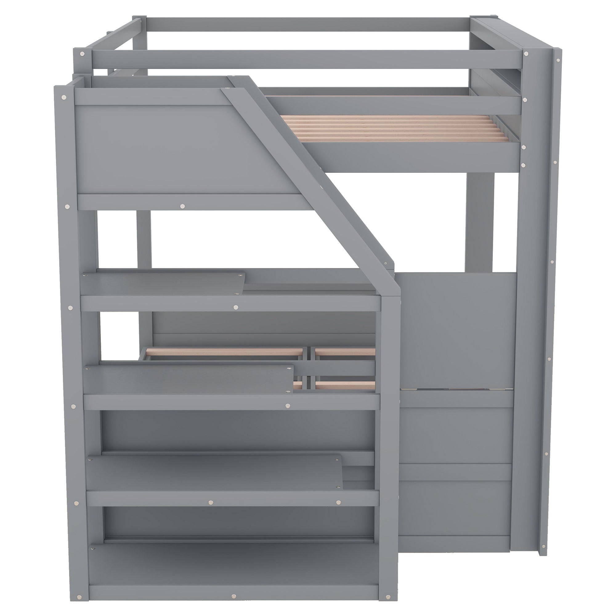 Wood Full Size Convertible Bunk Bed With Storage Staircase, Bedside Table, And 3 Drawers - Gray