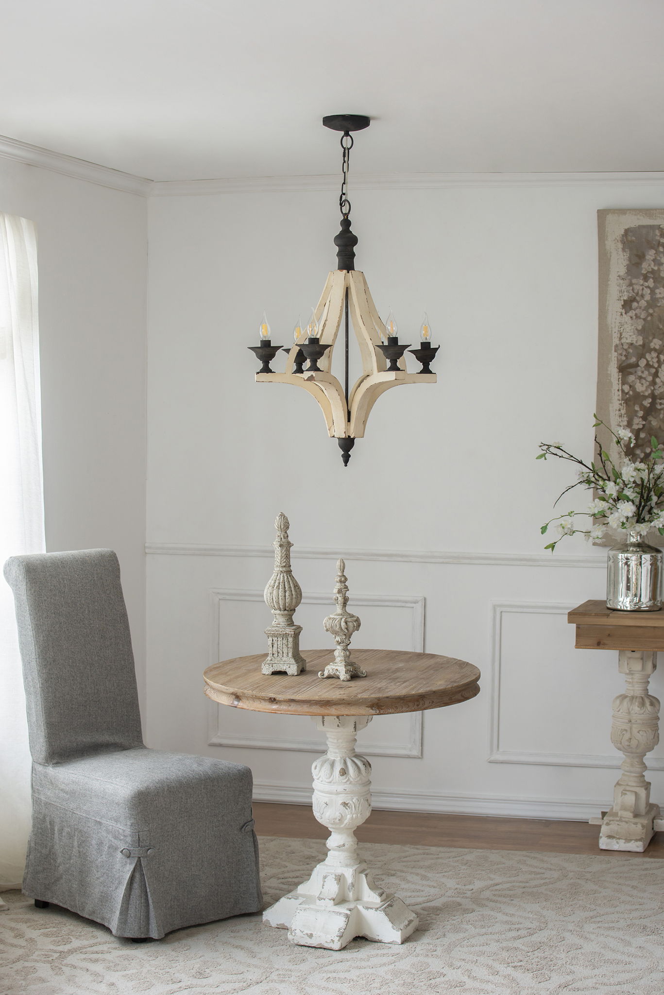 6 Light Wood Chandelier with Adjustable Chain - Cream