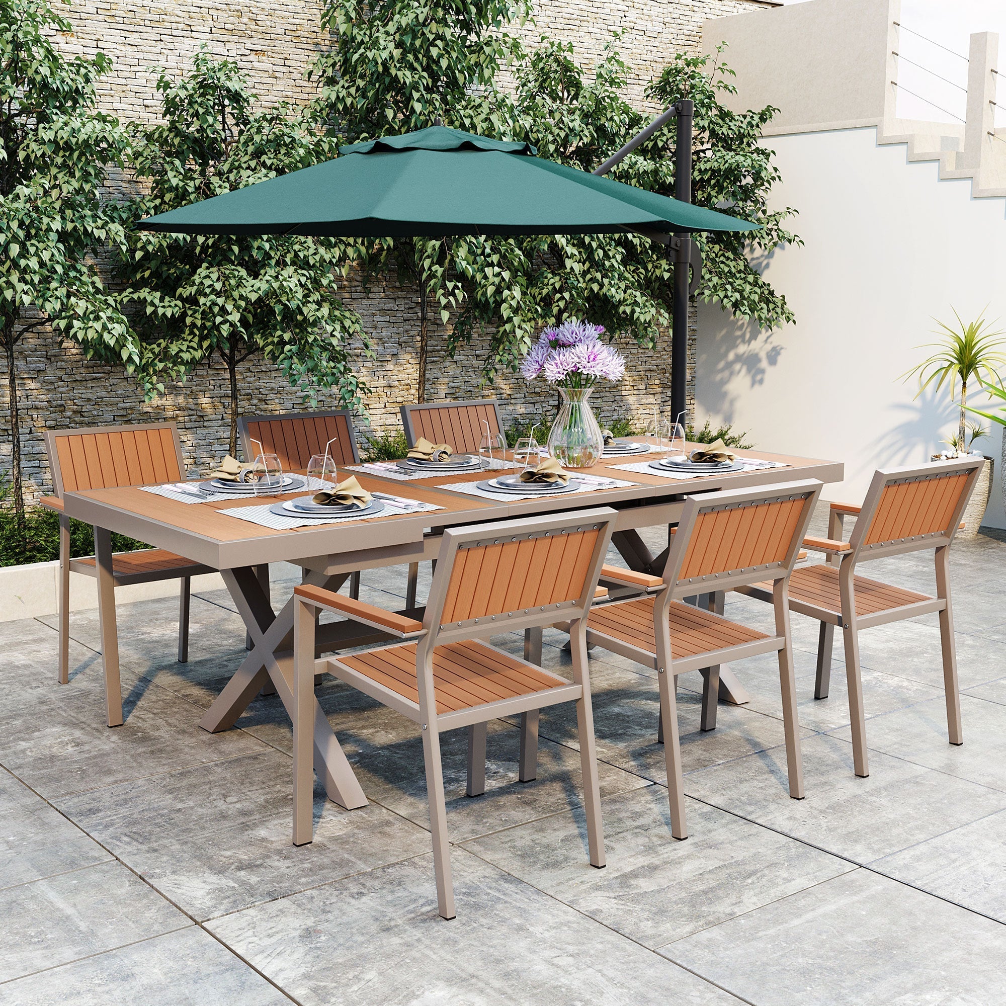 Flexible Outdoor Dining Set with Extendable Table and Six Chairs