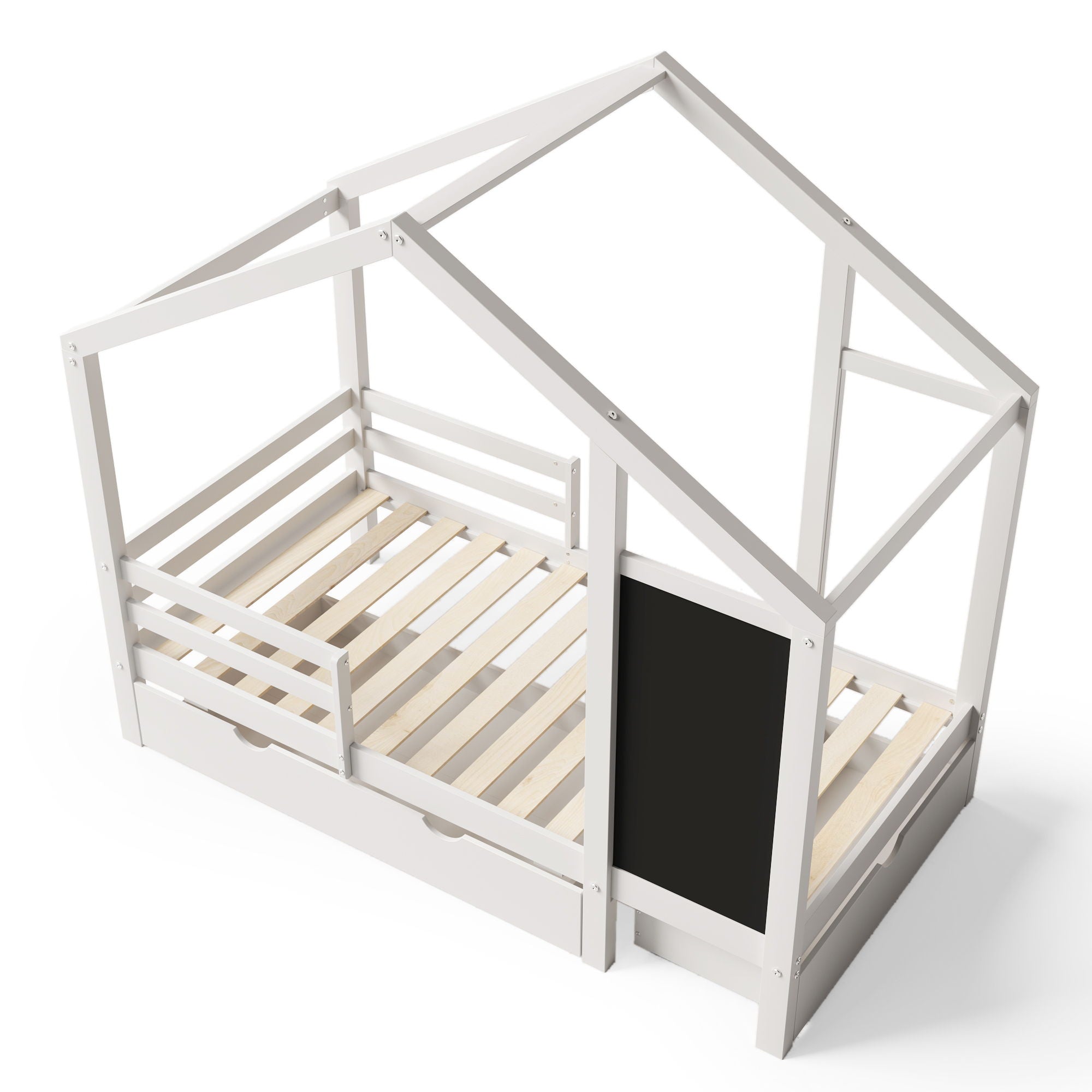 Twin House Bed With Blackboard And Drawers, 2 Assembly Options - White