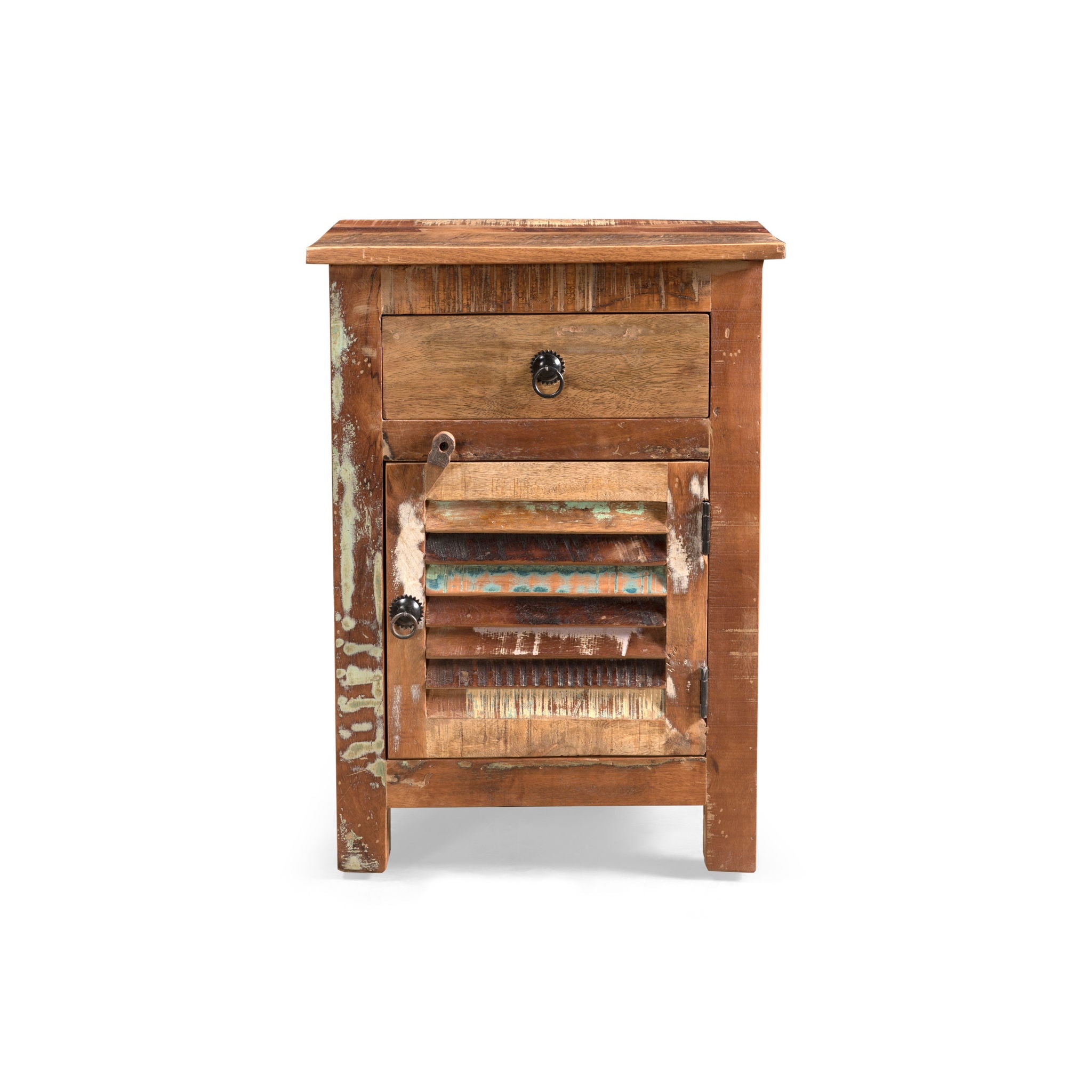 Recycled Wood Side Table With Drawer And Door - Natural
