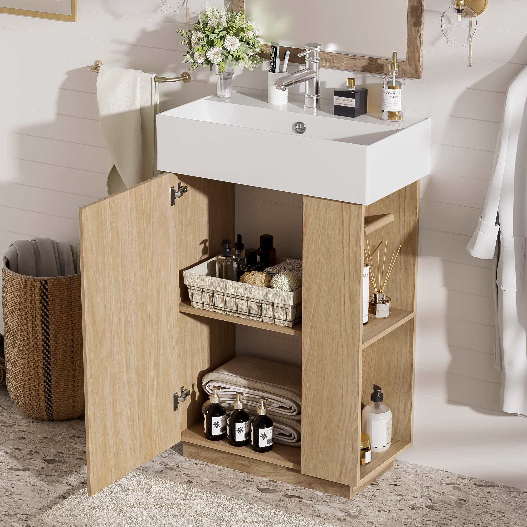 21.6" Bathroom Vanity With Sink And Freestanding Wood Grain Cabinet Featuring Left Door - Wood