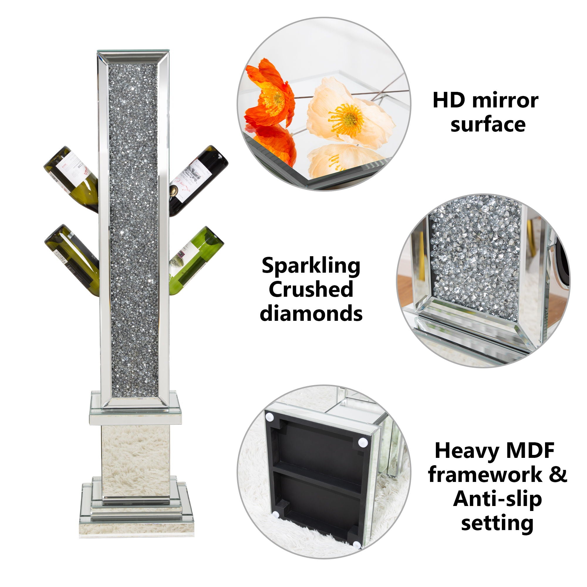 Crushed Diamond Floating Mirrored Wine Bottle Holder - Silver