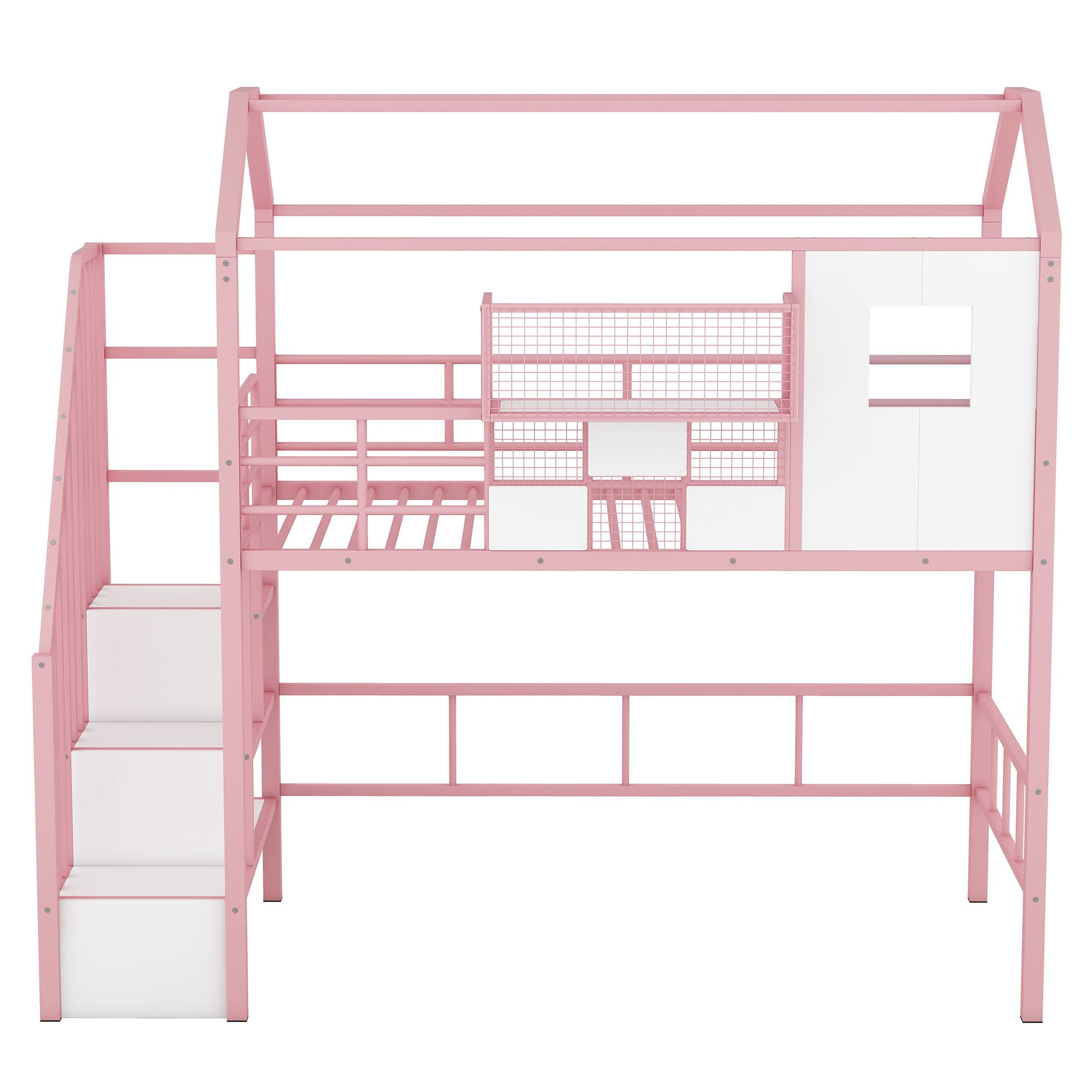 Metal Loft Bed With Roof Design And Storage Box With Guardrails And Integrated Ladder