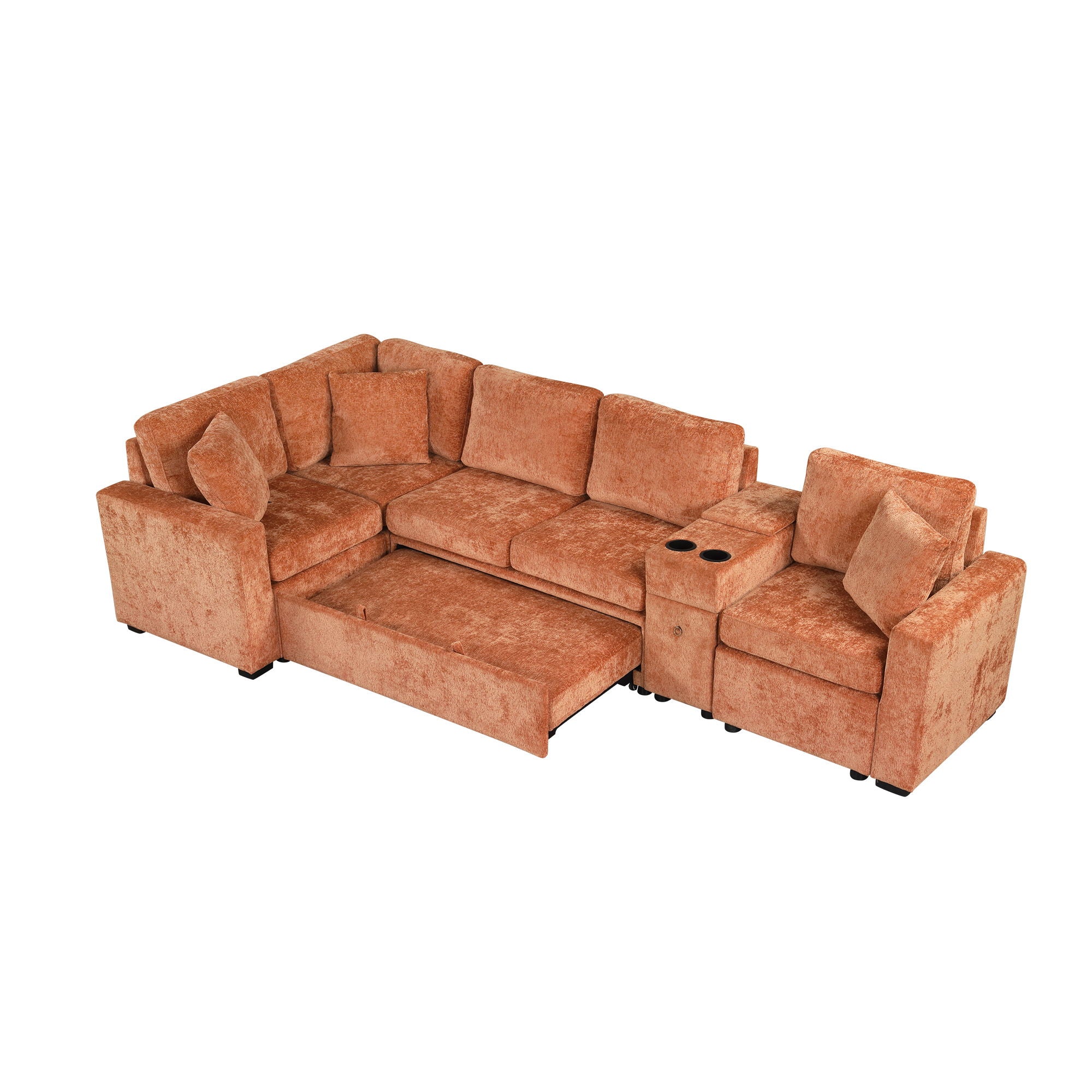 Modular L-Shaped Sectional Sofa Bed With Pull-Out Sleeper, Cup Holders, And Storage