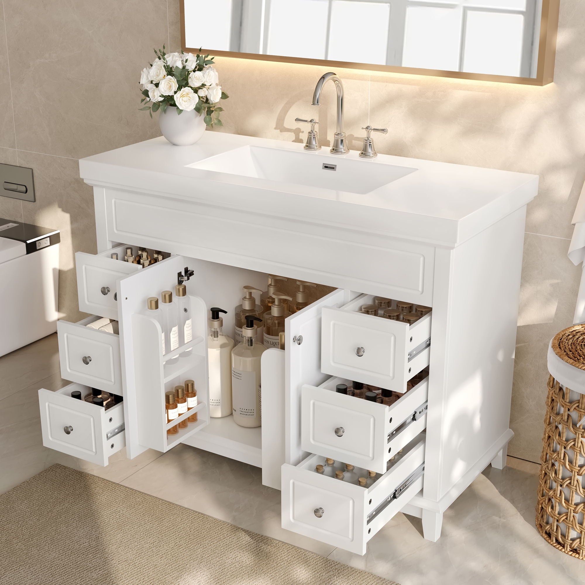 Bathroom Vanity With Sink, 6 Soft Close Drawers & Double Doors - White