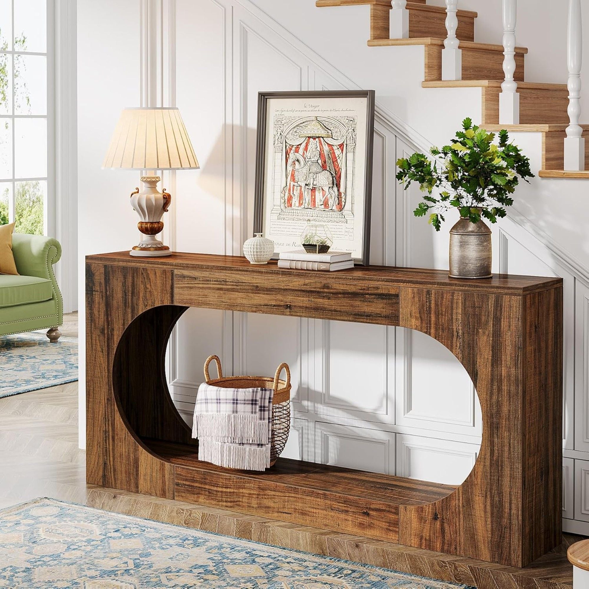 Narrow 2 Tier Console Table With Scalloped Edge For Living Hallway - Brown