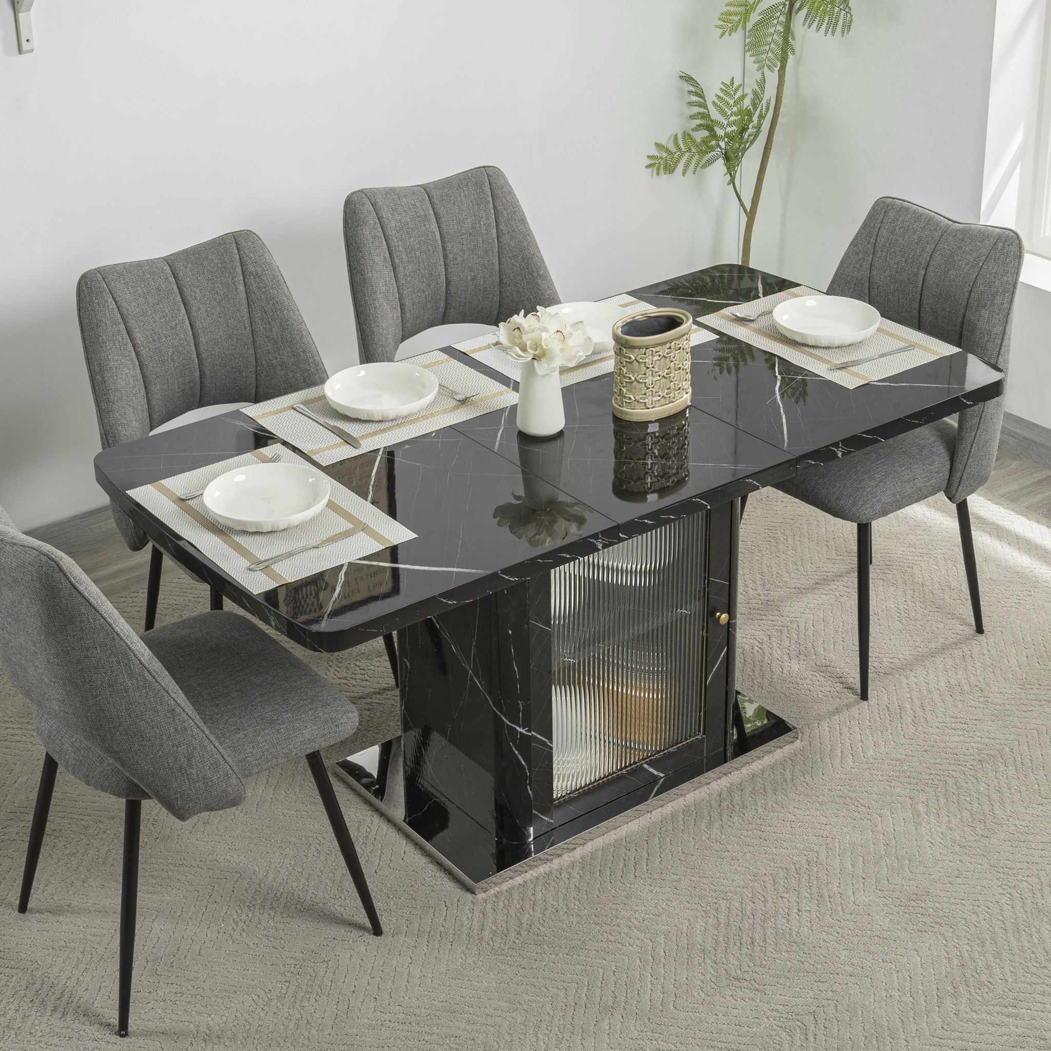 Modern Rectangle Dining Table With Stretchable Top, Storage Cabinet