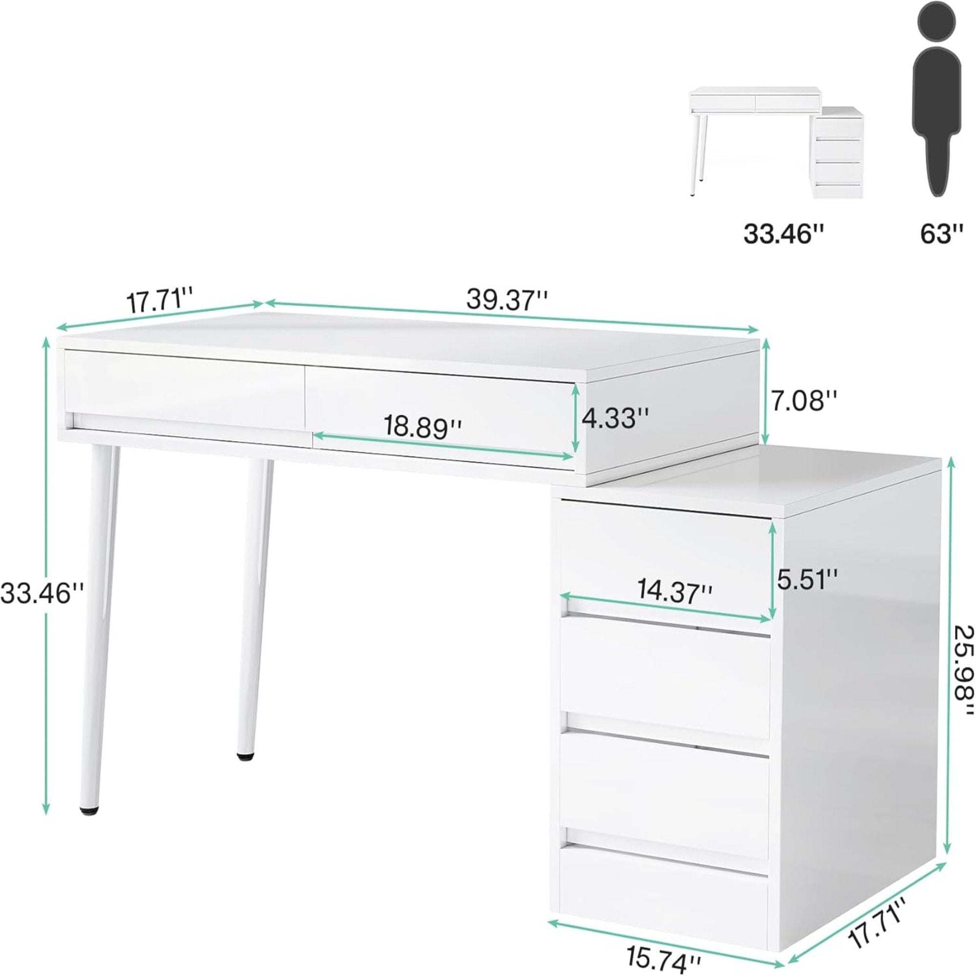 Glossy Desk With 5 Drawers & Printer Stand, Reversible Home Office Computer And Vanity Table For Small Spaces - White