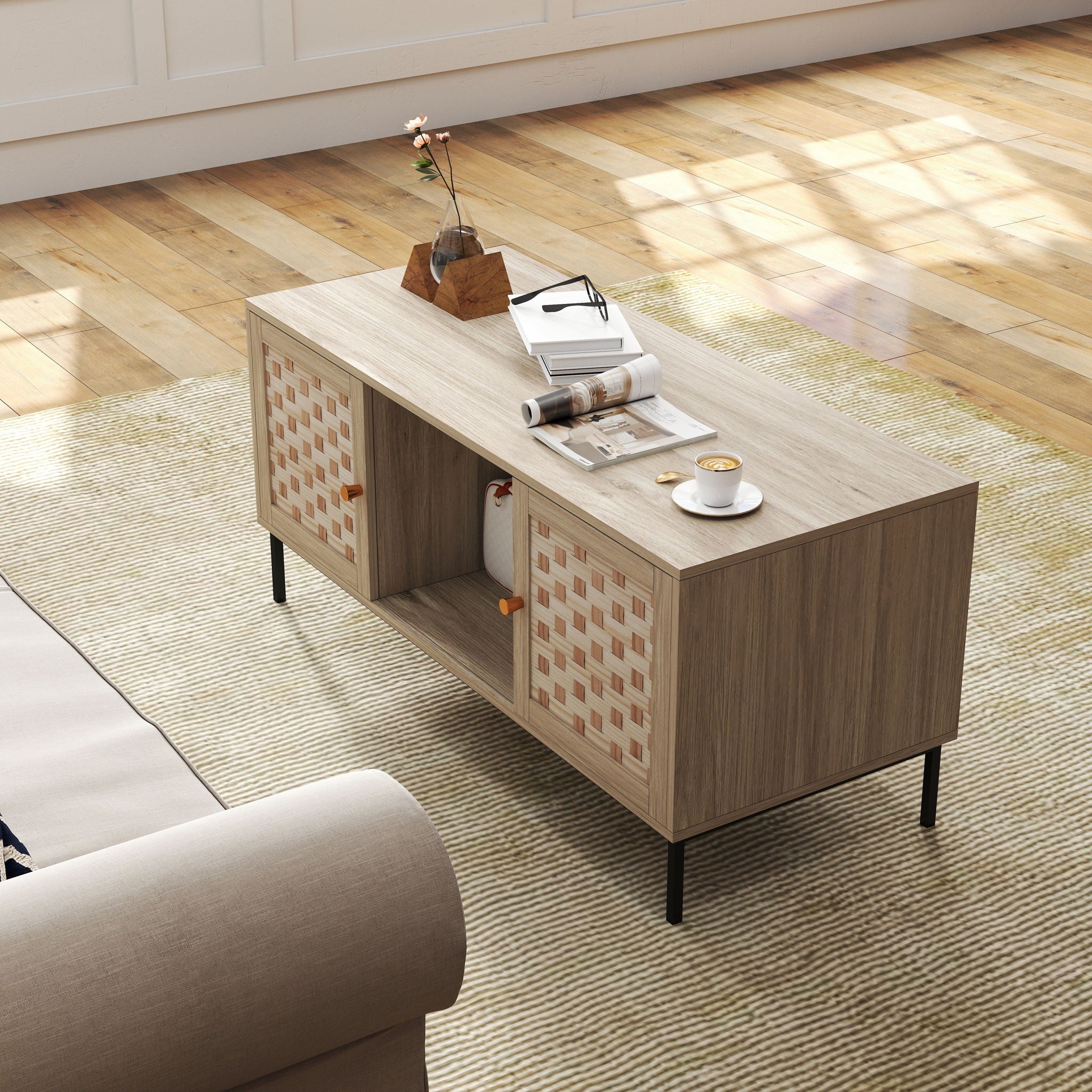 Elegant Veener Weaving Design Coffee Table With 4 Sliding Doors - Natural Wood
