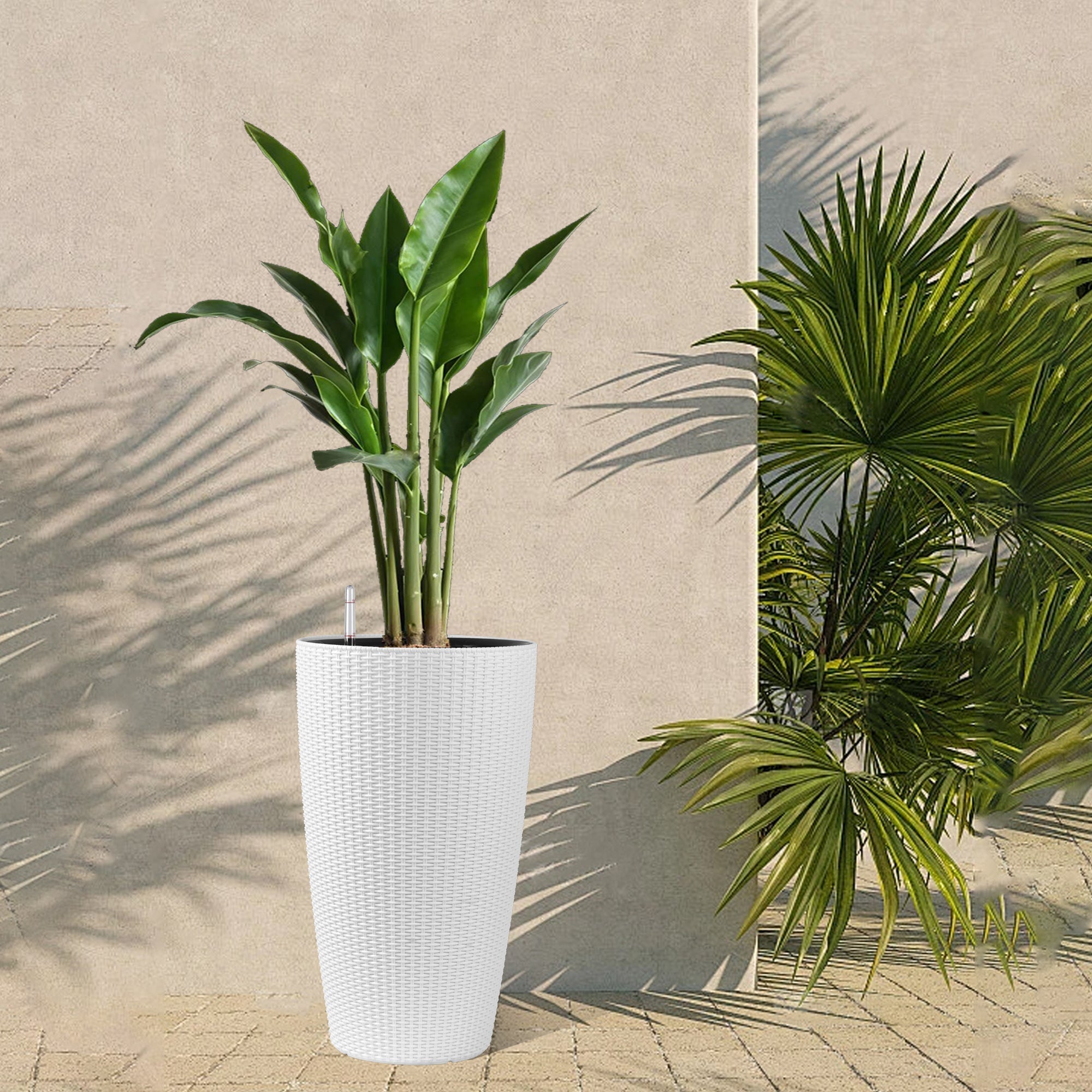 Set of 2 Faux Rattan Tall Planters with Automatic Watering System