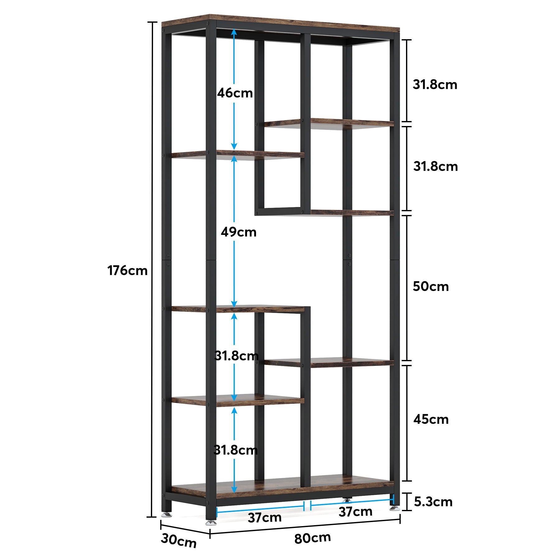 6 Tier, 8 Shelf Etagere Bookcase Storage Display Rack For Living Room - Rustic Brown