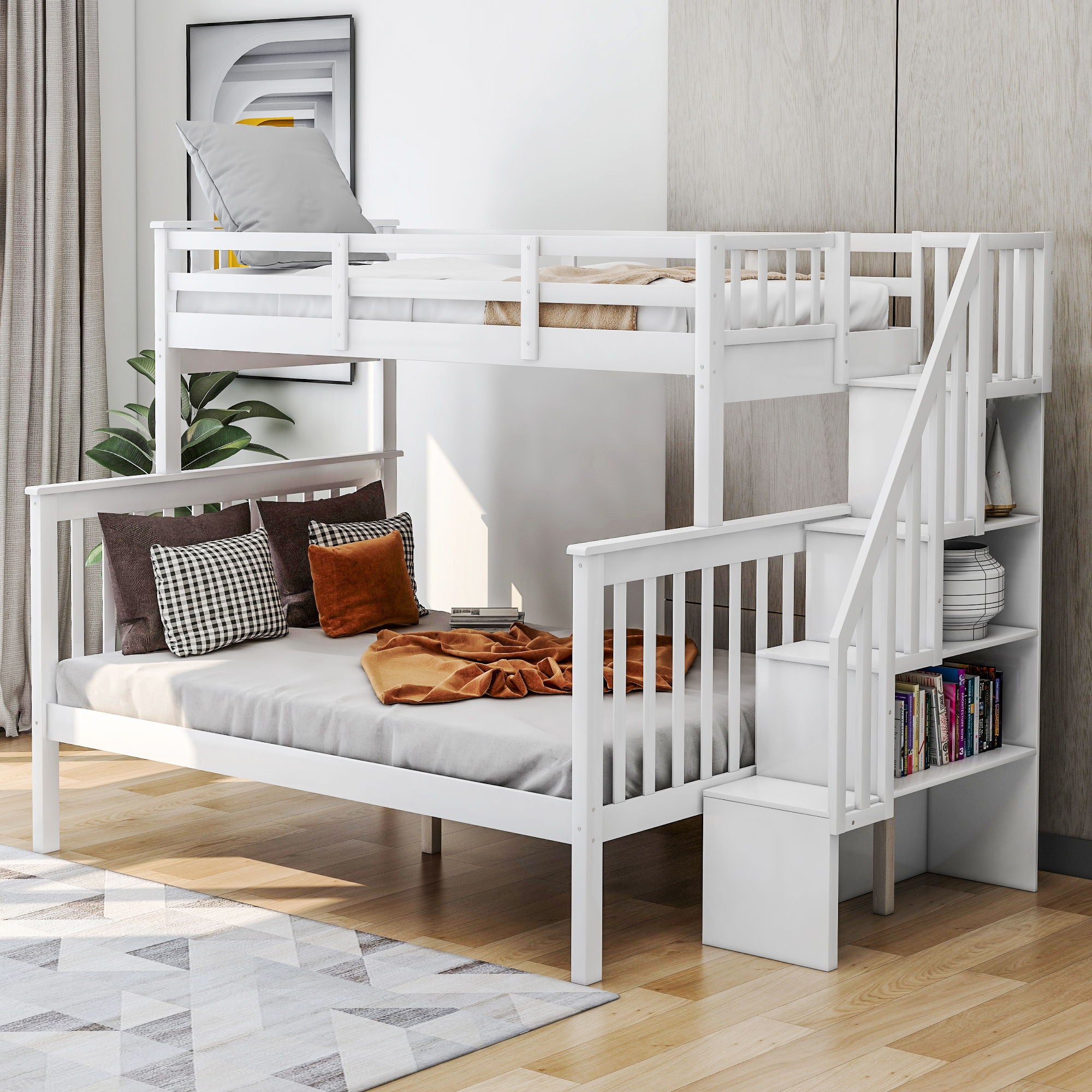Stairway Bunk Bed With Storage And Guard Rail For Bedroom