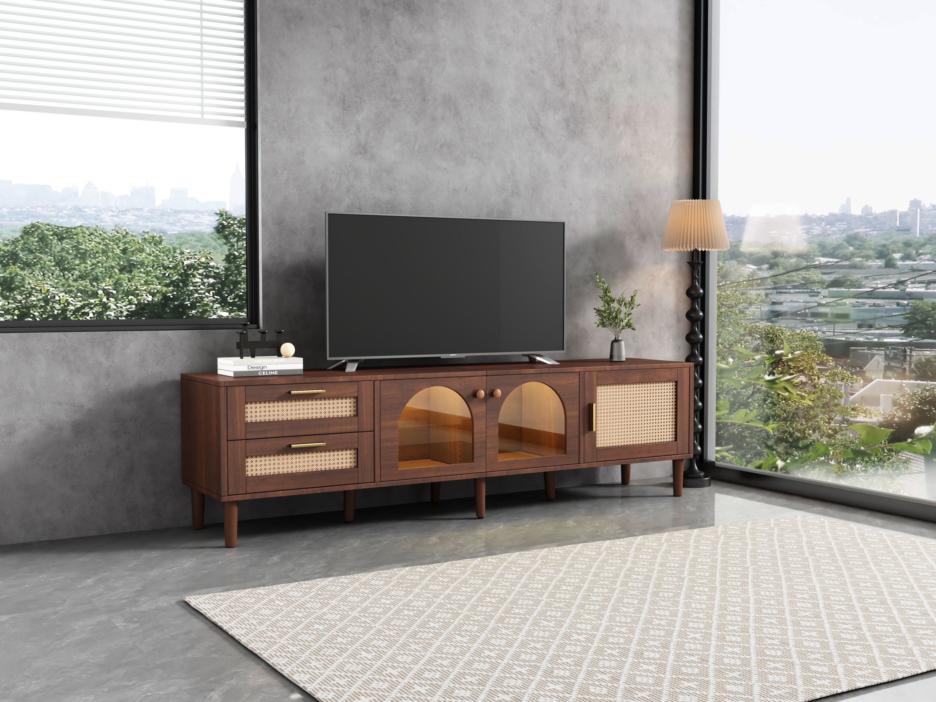 Rattan TV Stand with 3 Cabinets & 2 Drawers