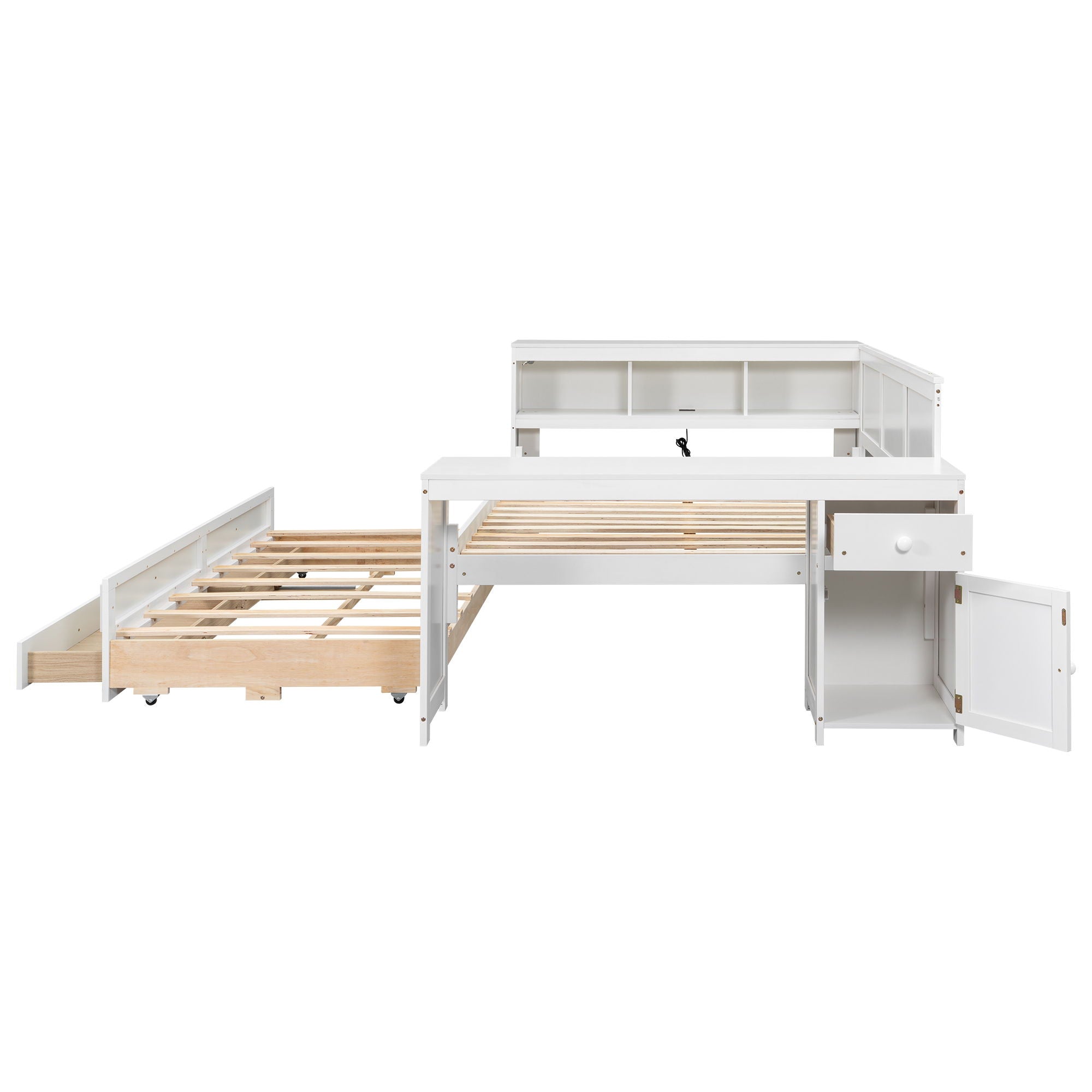Daybed With Storage Shelves, Drawers, Trundle, Charging Station, LED Light, Desk And Cabinet