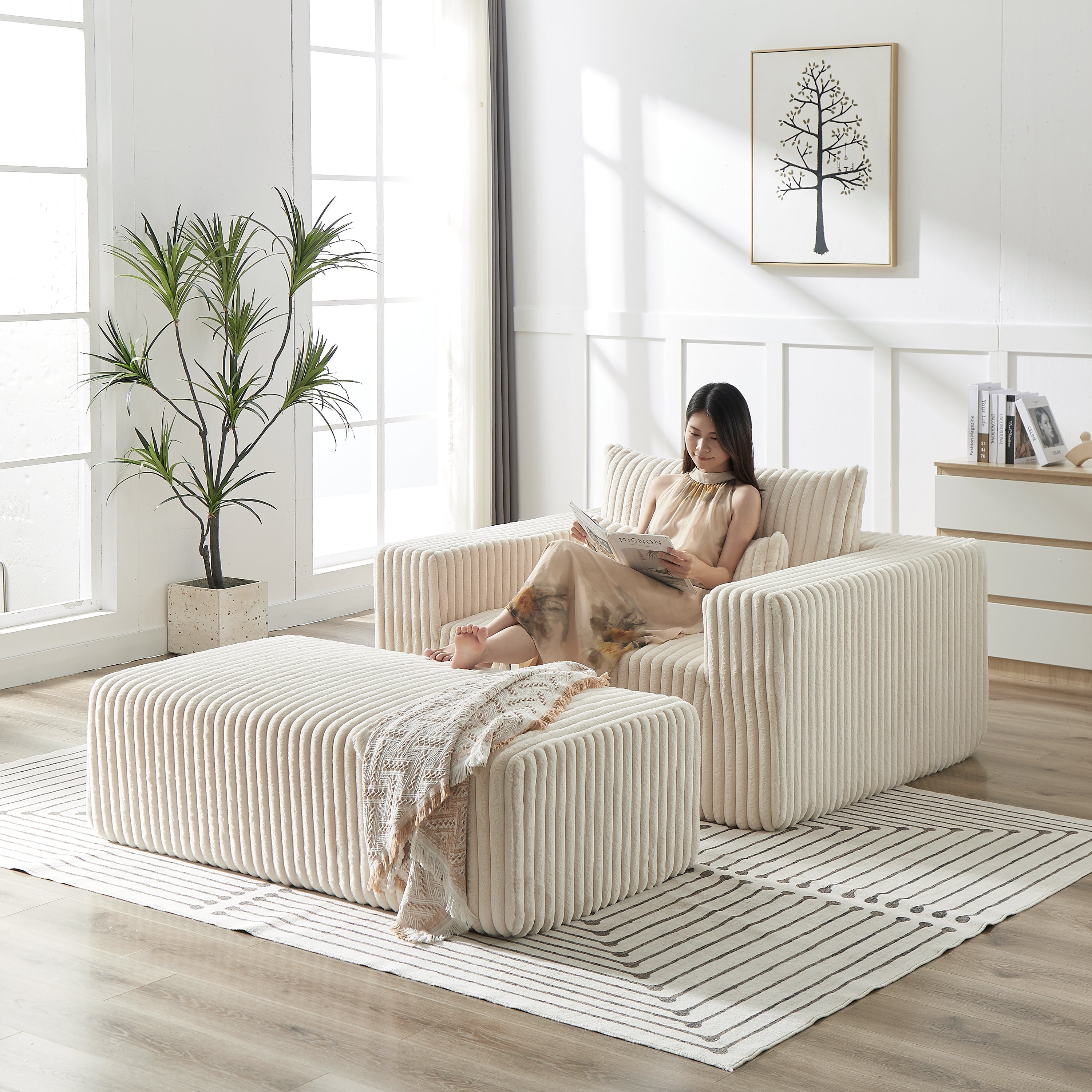 75-Inch Corduroy Sofa Lounge Chair with Removable Footrest