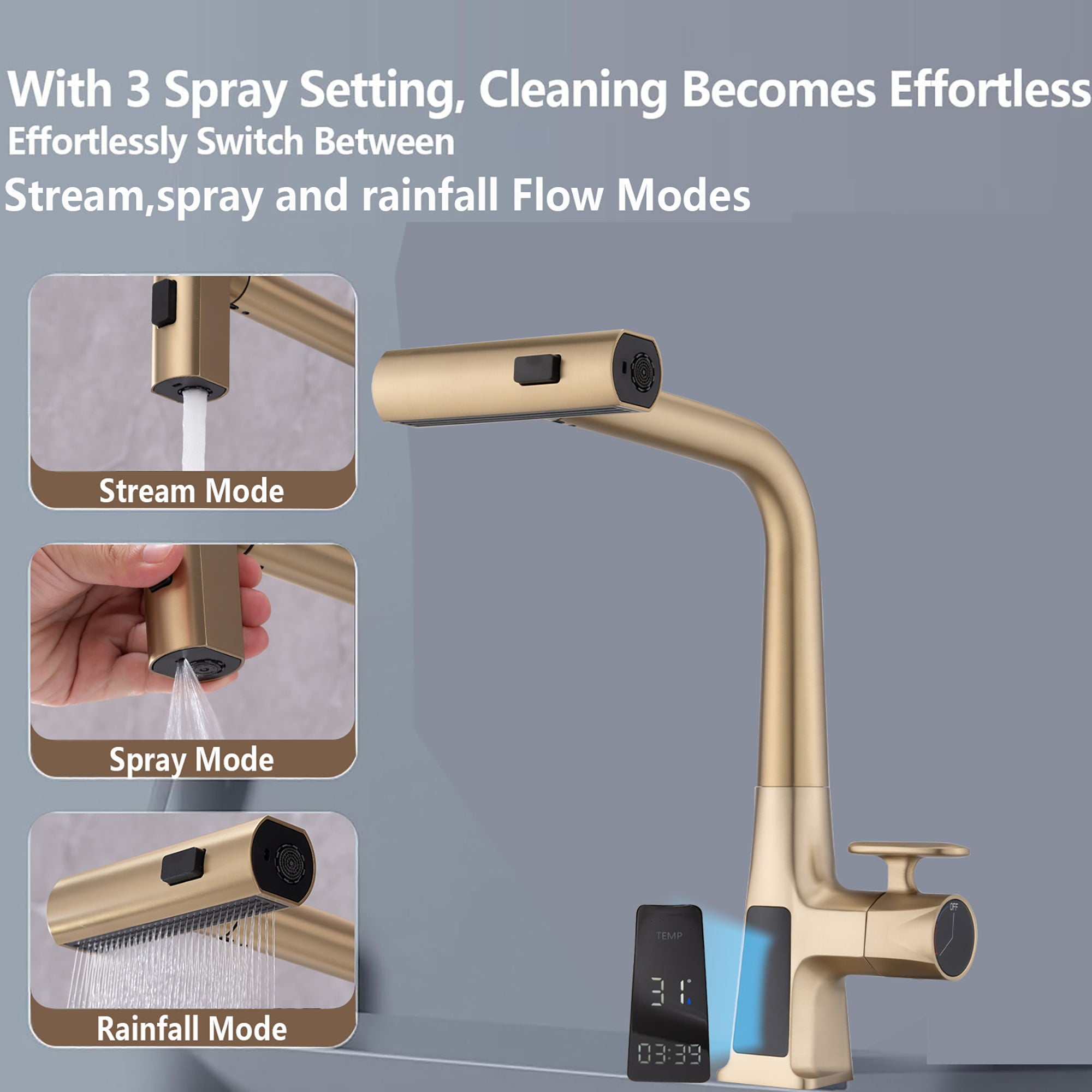 Waterfall Kitchen Faucet With Temperature Display And Pull Down Sprayer - Brushed Gold