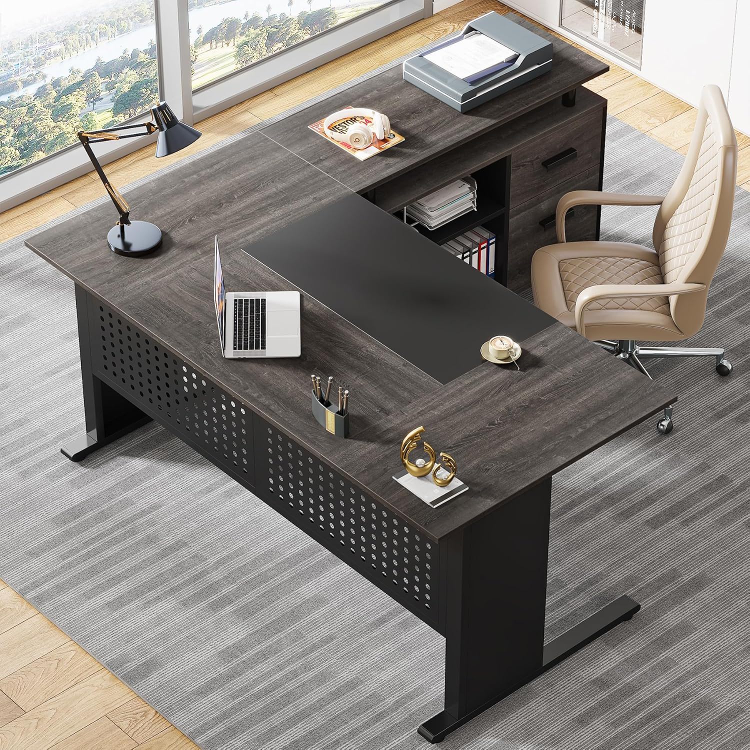 L-Shaped Executive Desk With File Cabinet , Office Workstation With Drawers, Shelves & Storage