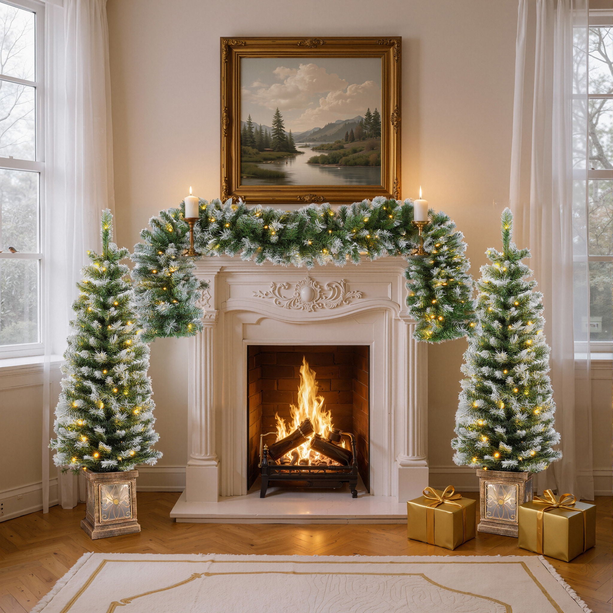 Artificial Christmas 3 Piece Set Wreath And 2 Entrance Trees With LED Lights - White / Green