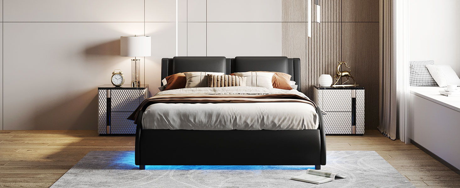 Upholstered Platform Bed With LED Light, Frame Slatted