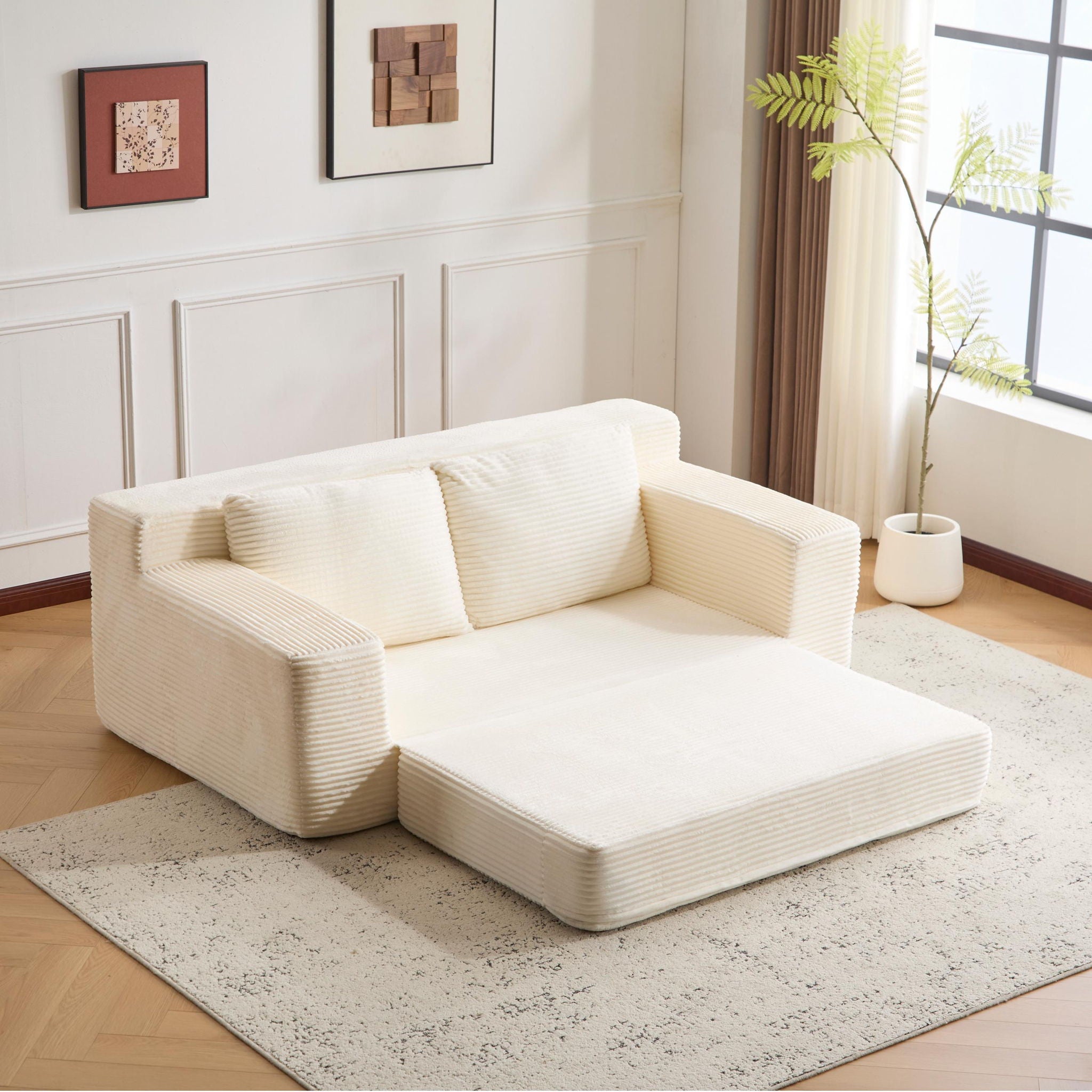 Loveseat Sofa, Comfortable Deep Seat Sofa Bed, Modern Small Corduroy Couch For Living Room Bedroom,Reversible Cushion With Pillows,No Assembly Required,White