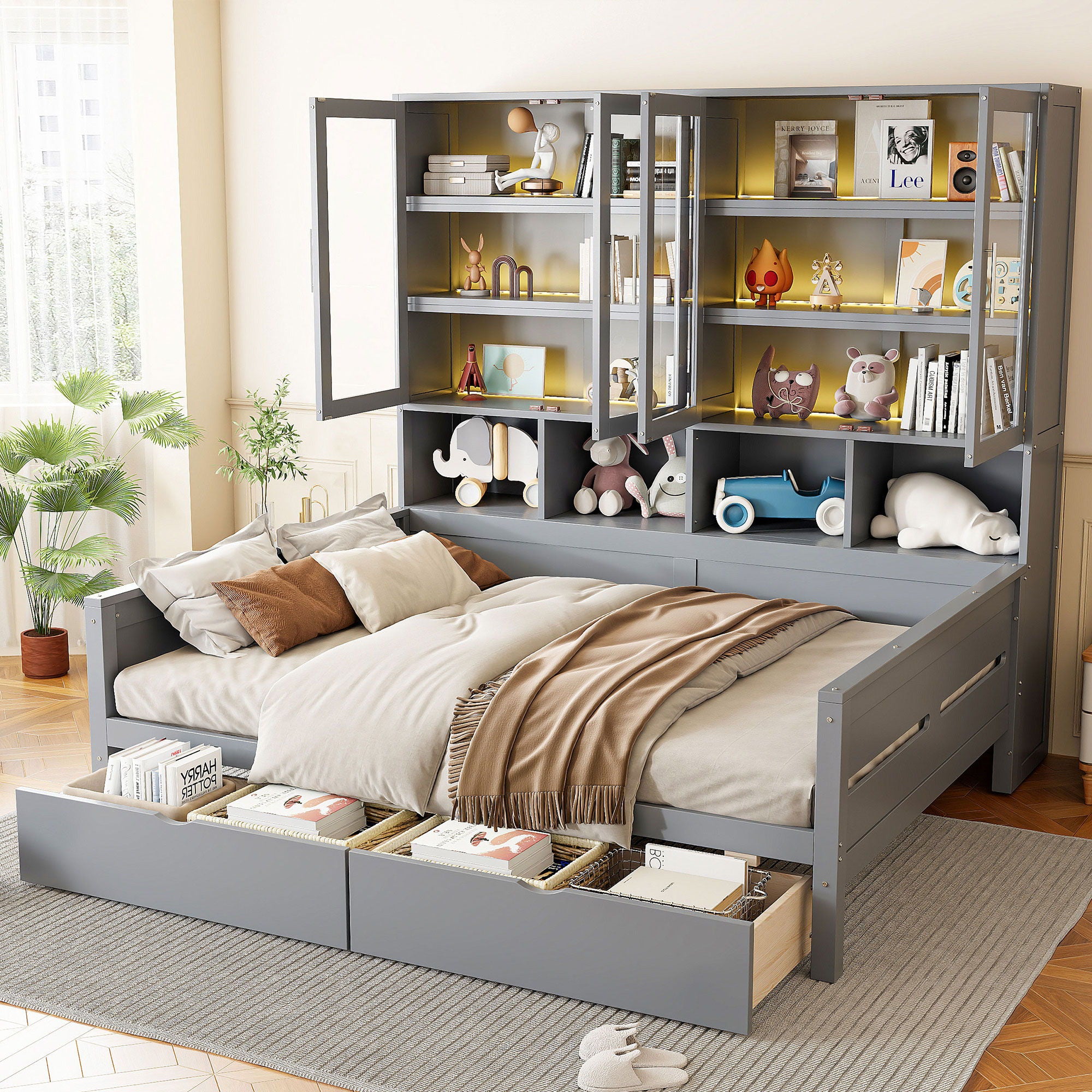 Daybed With Glass Door Storage Cabinets, Built In LED Lighting And Shelves