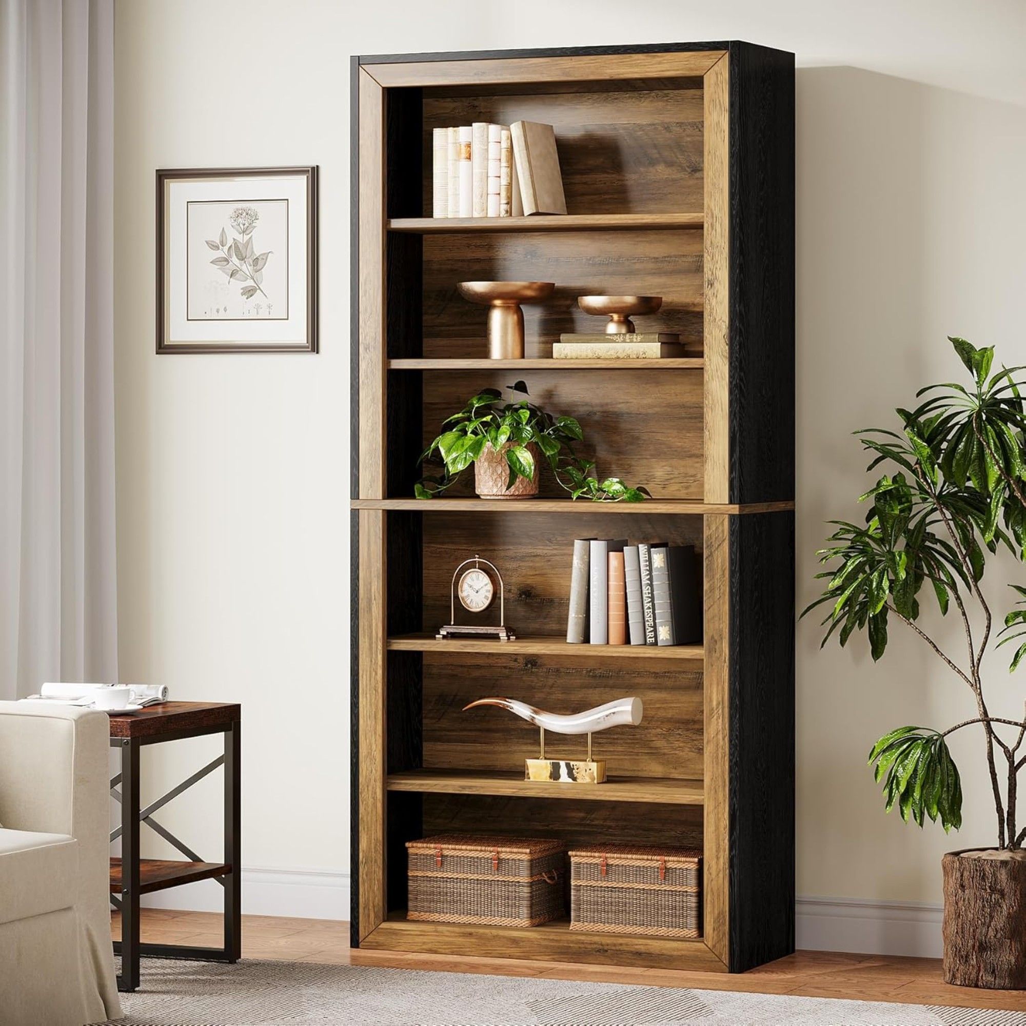 7 Tier Open Bookshelf Storage For Living Room - Black / Brown