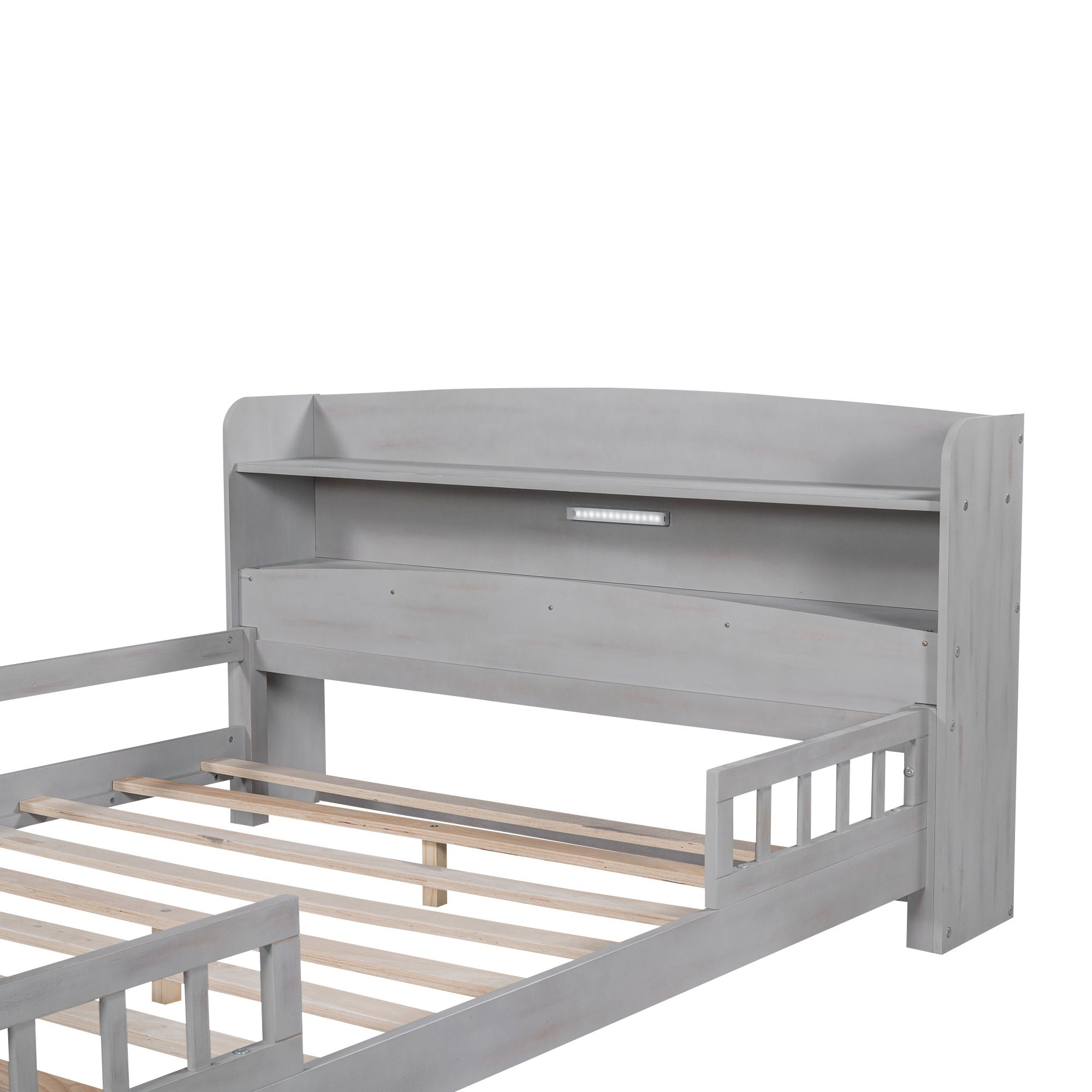 Wood Platform Bed With Built In LED Light, Storage Headboard And Guardrail