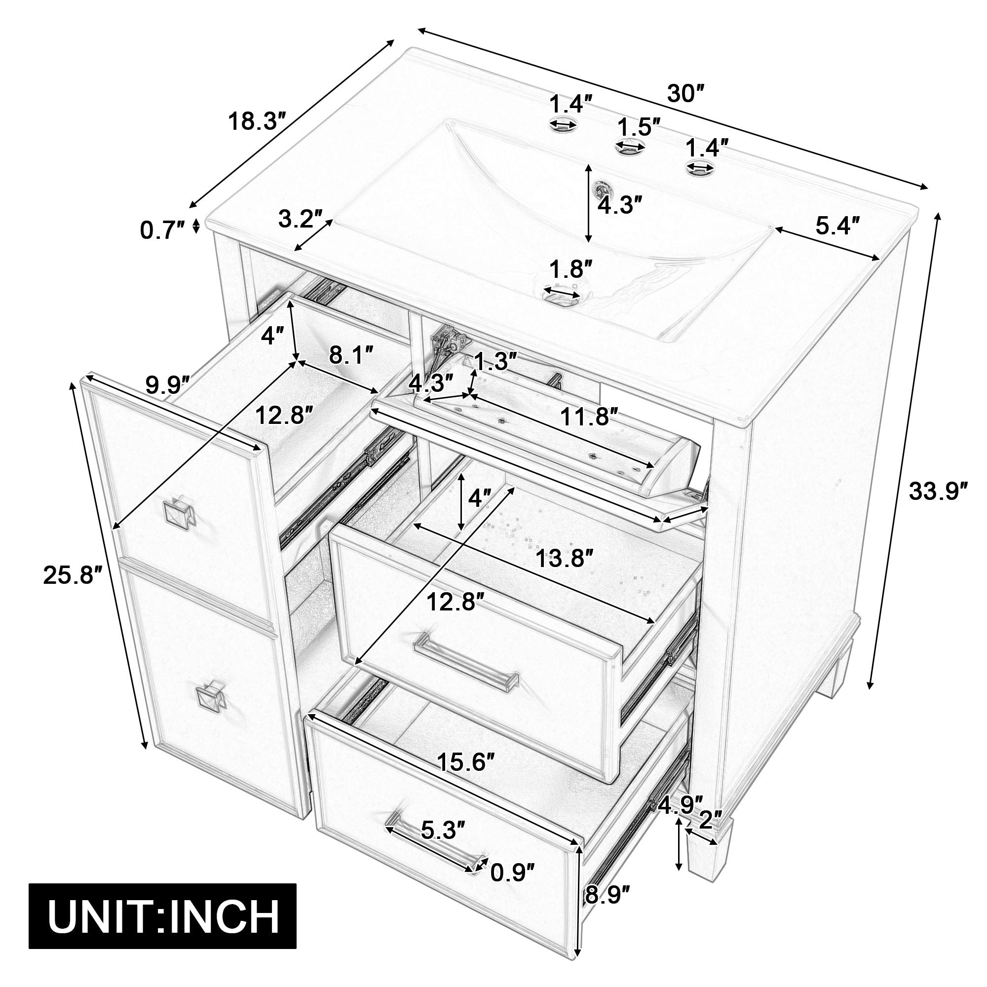 Bathroom Vanity With Ceramic Sink, Flip Out Drawer Design For Plumbing, Soft Close Drawers
