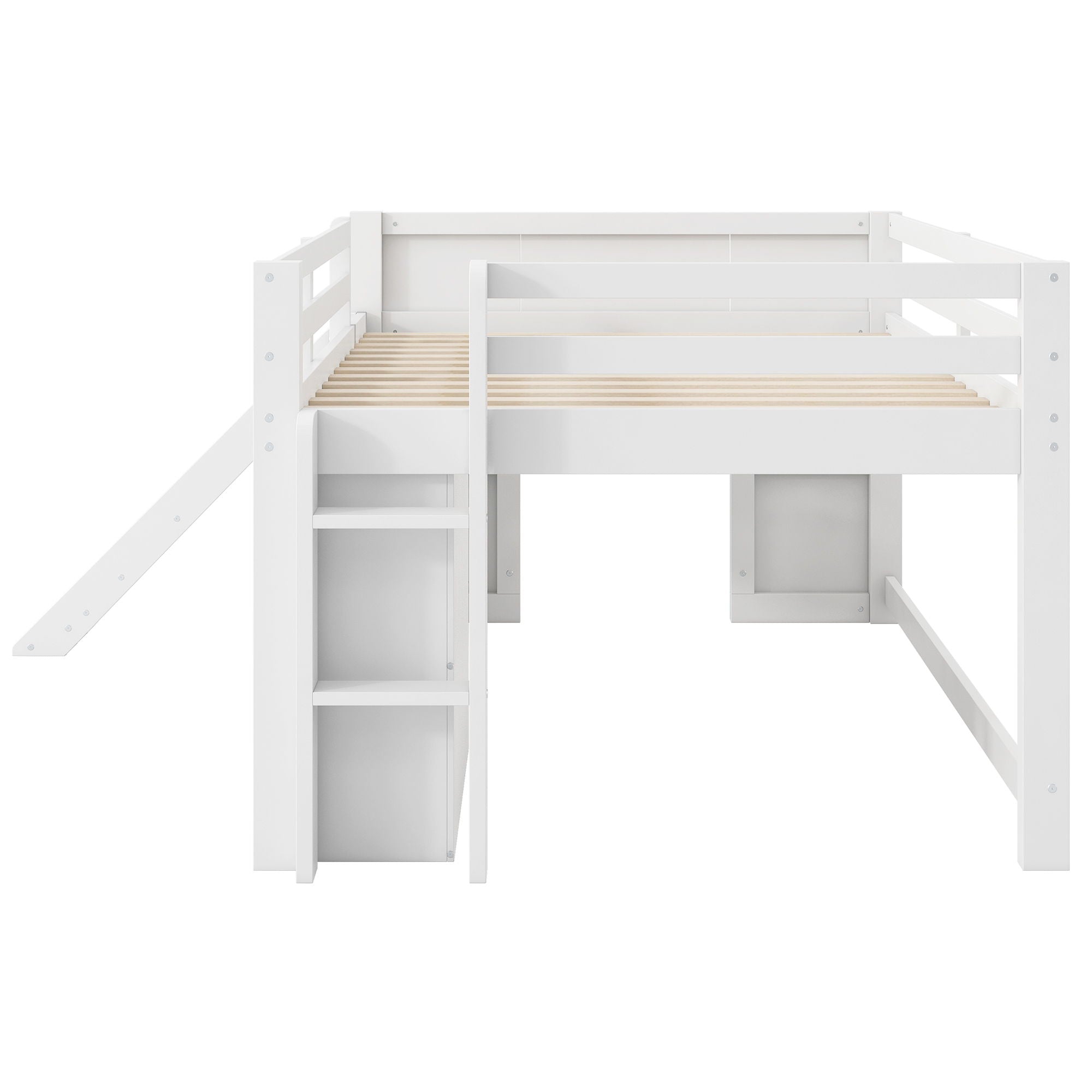 Modern Low Loft Bed With Slide, 3 Storage Drawers, And 2 Doors