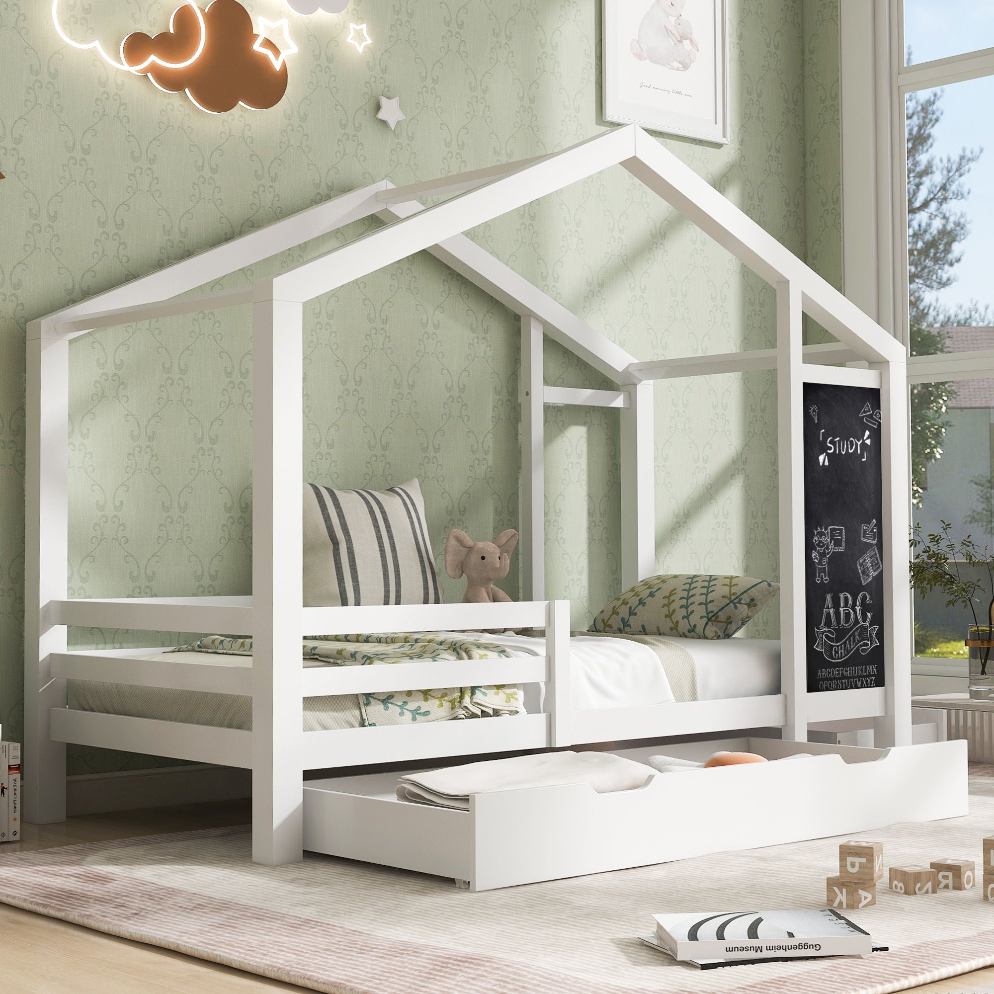 Twin House Bed With Blackboard And Drawers, 2 Assembly Options - White