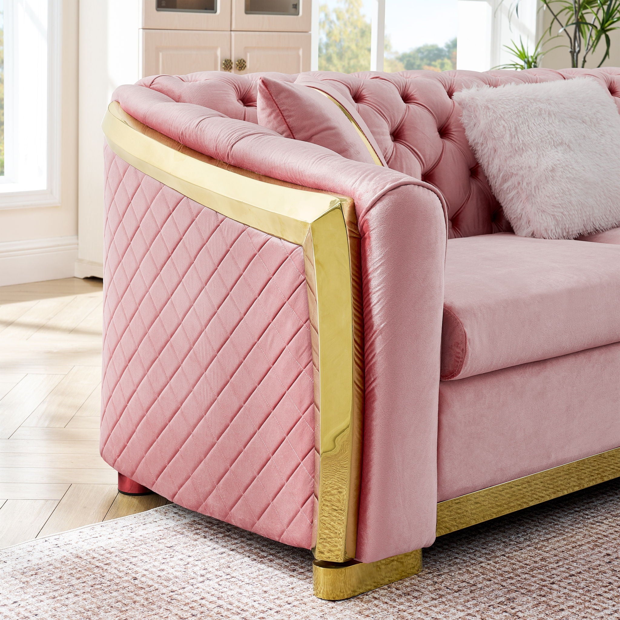 L Shaped Chesterfield Sectional Sofa With Stainless Steel Accents