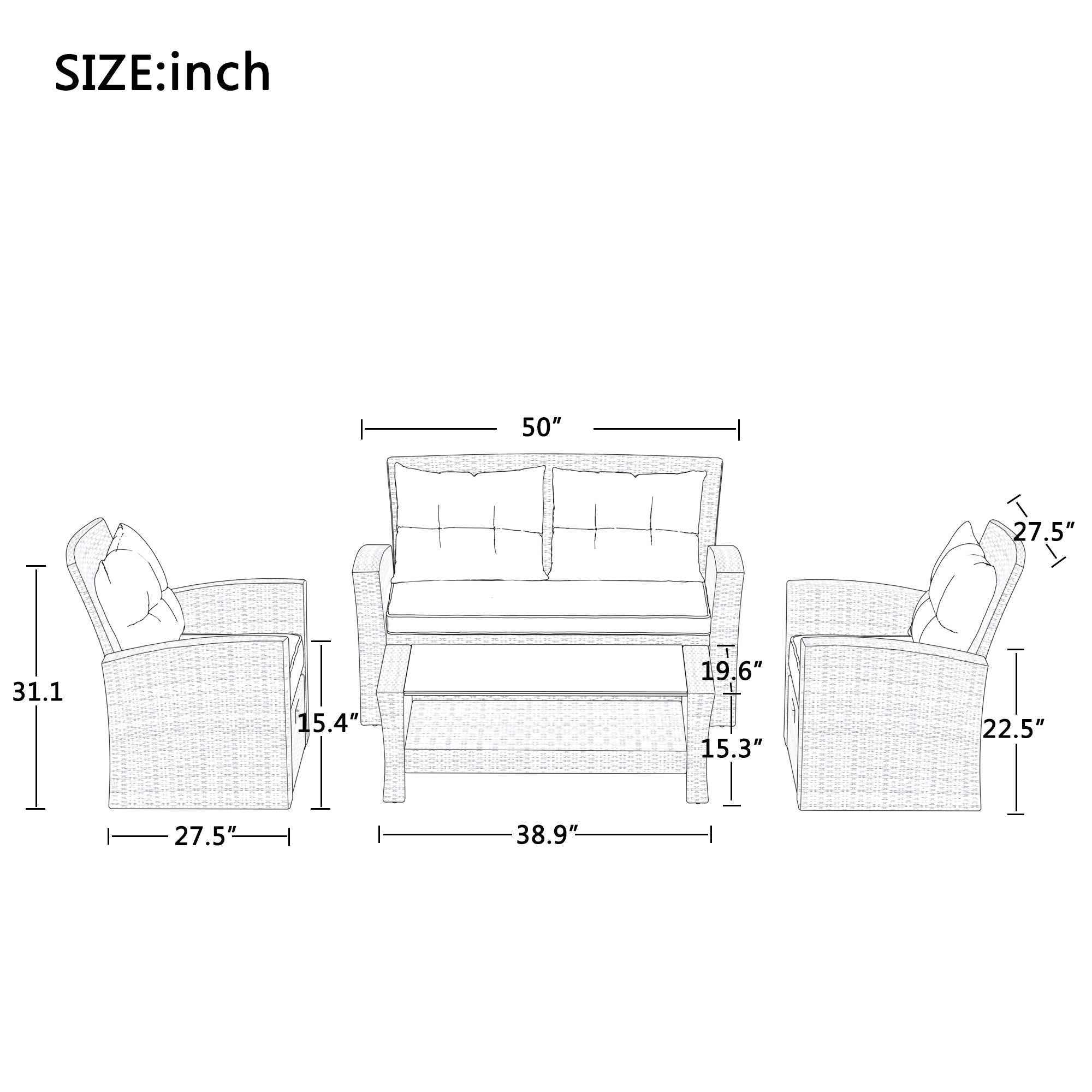 U-Style 4 Piece Outdoor Patio Furniture Set with Ottoman and Cushions