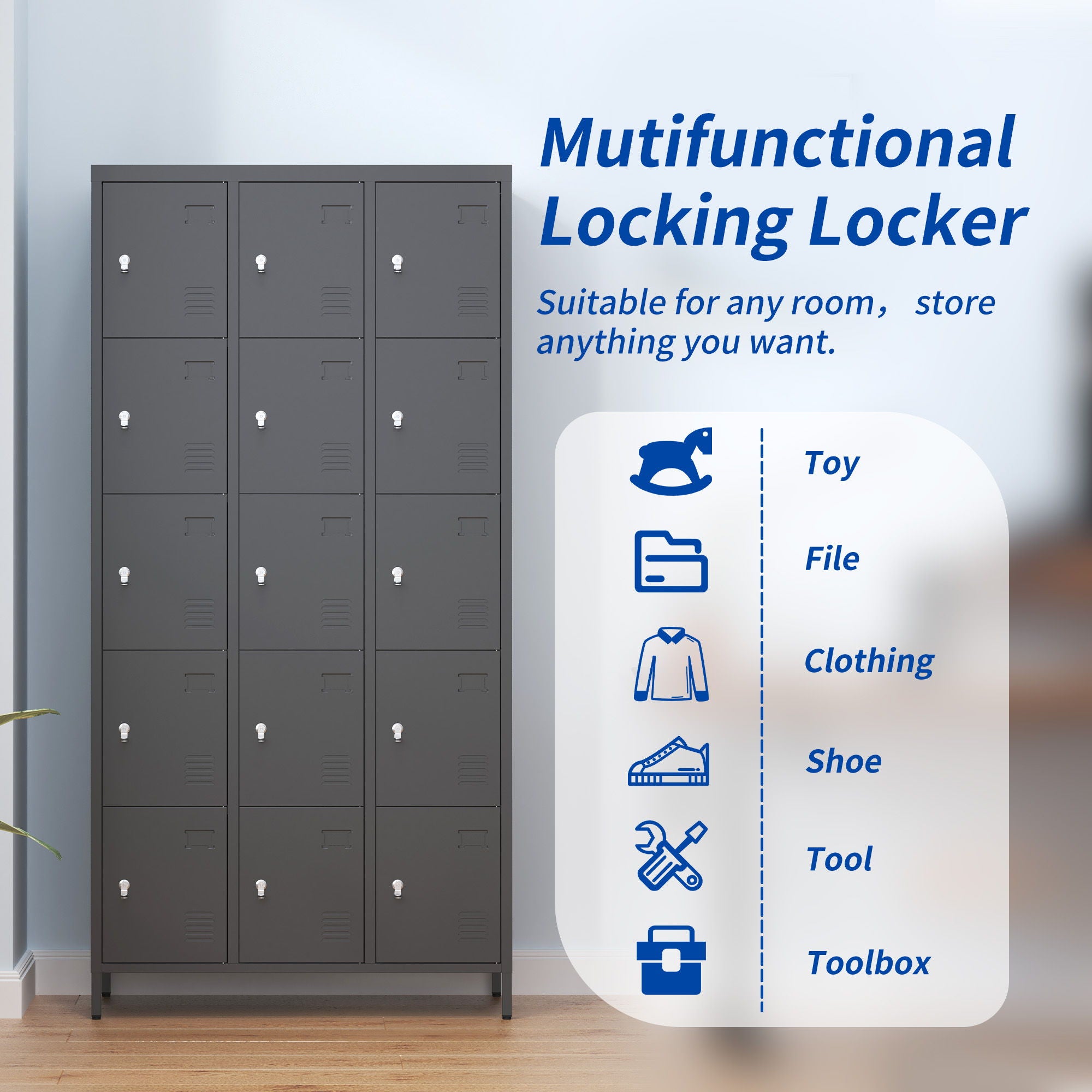 15 Door Lockers With Lock For Employee Storage - Black