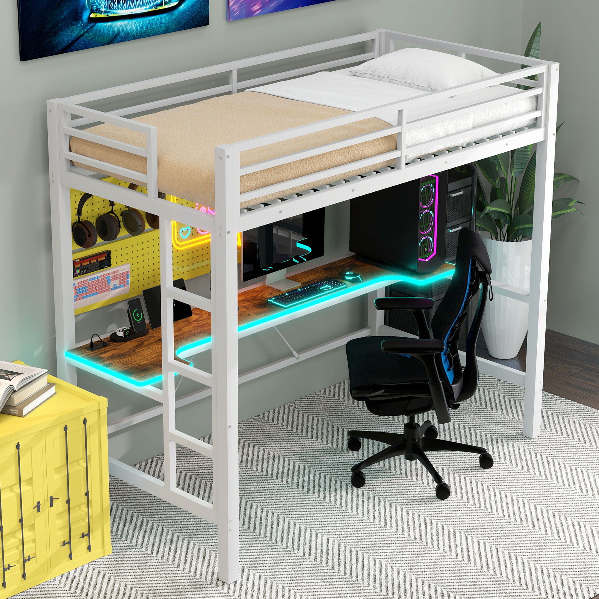 Gaming Metal Loft Bed Frame With LED Light, USB Charge Station And Desk