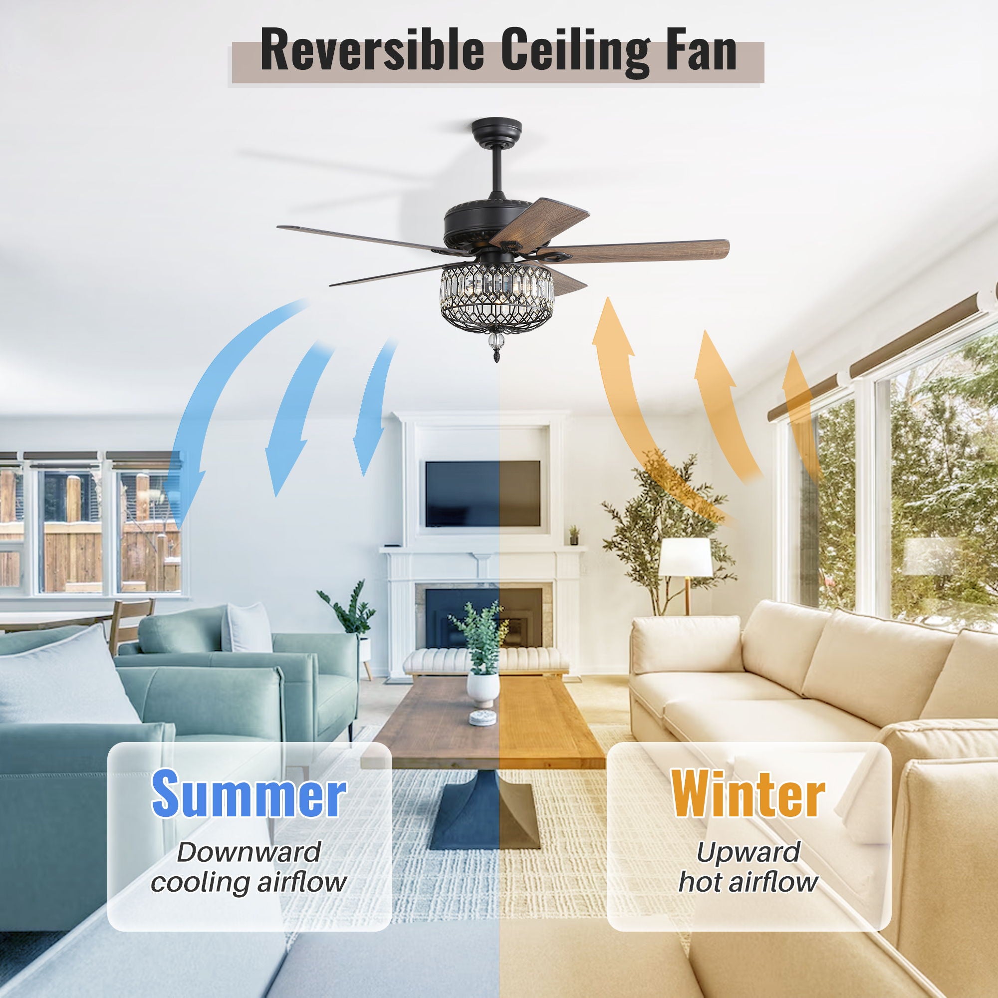Ceiling Fan With Crystal Lampshade, 5 Blades, DC Motor, 6 Speed Remote Control, 1 / 4 / 8 Hour Timer - Black