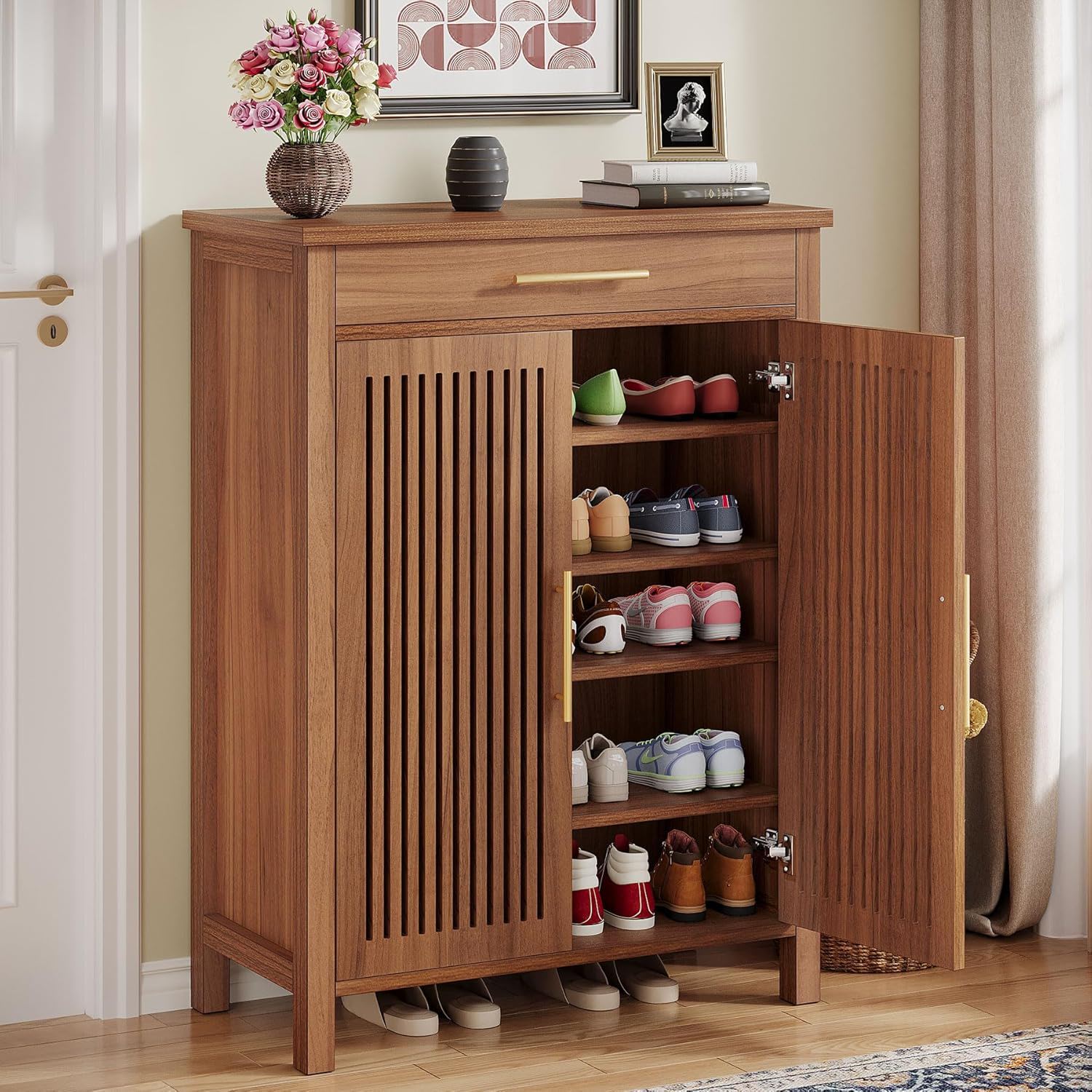5 Tier Shoe Cabinet With Louvered Doors And Drawer, Freestanding Organizer With Adjustable Shelves For Entryway - Brown