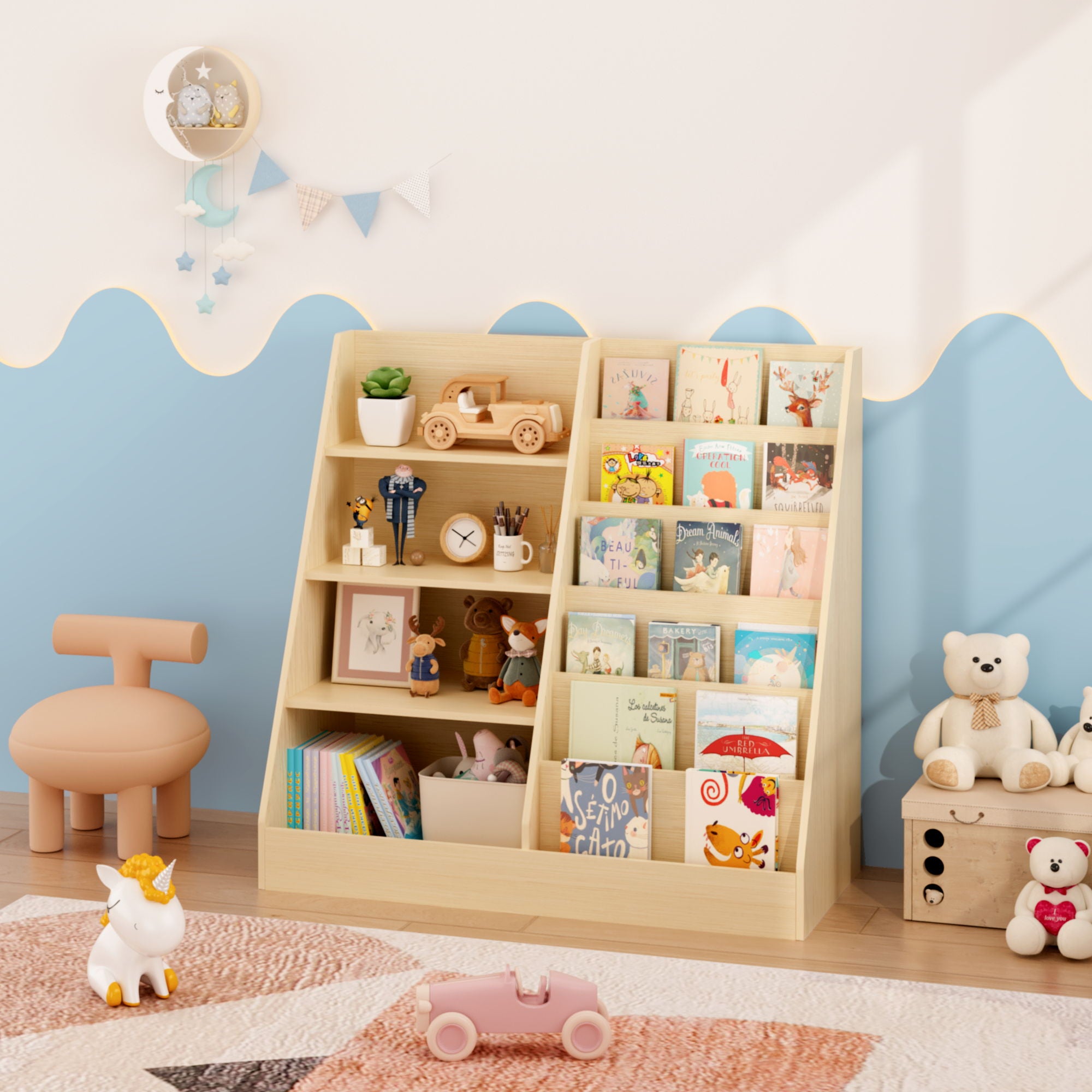 Bookshelf And Toy Storage Organizer, 4 Tier Bookcase With Display Stand For Playroom