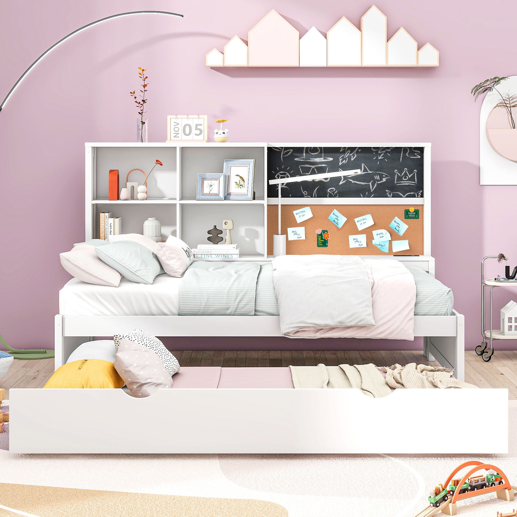 Twin Size Daybed With Storage Shelvesboard, Cork Board, USB Ports And Trundle - White